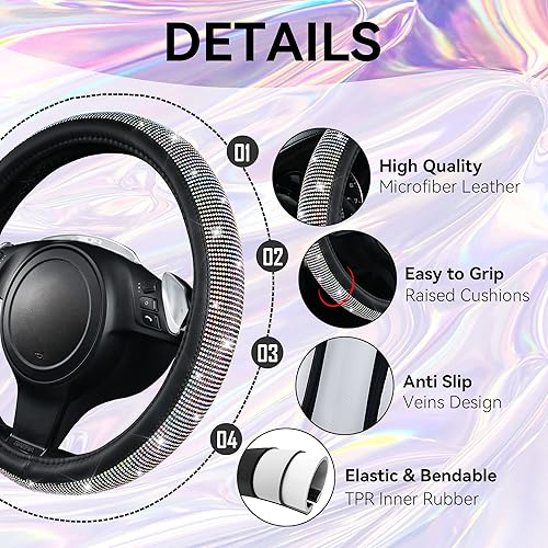 Miniatura 22 de CAR PASS - Juego accesorios de automóvil brillantes para mujer, fundas de asiento de cuero, diamantes imitación de 15 pulgadas, fundas para volante