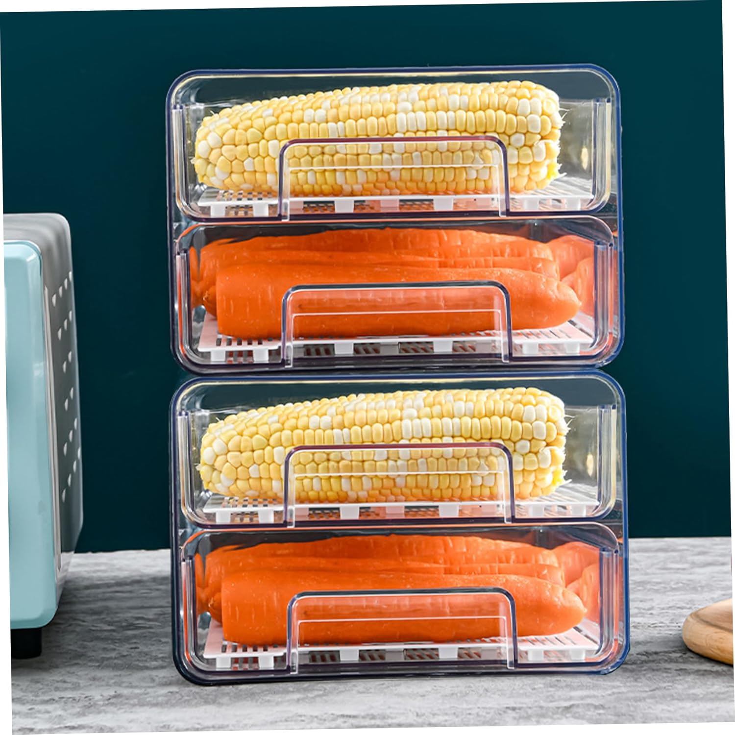 Fridge Drawer, 2 Layer Pull-Out Transparent PET Fridge Drawer Organizer Stackable Fresh Keeping Refrigerator Organizer