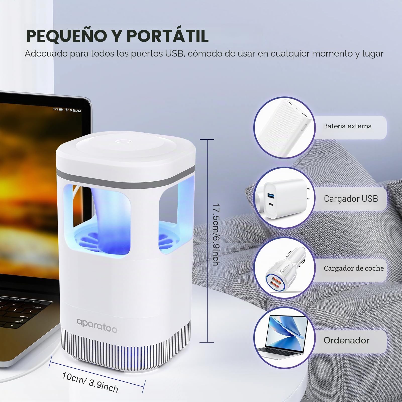 Lámpara Antimosquitos,Eléctrico Mata Mosquitos con Lámpara UV USB,180° Anti Mosquitos Lámpara para Interiores, Exteriores, Dormitorio, Cocina, Oficina