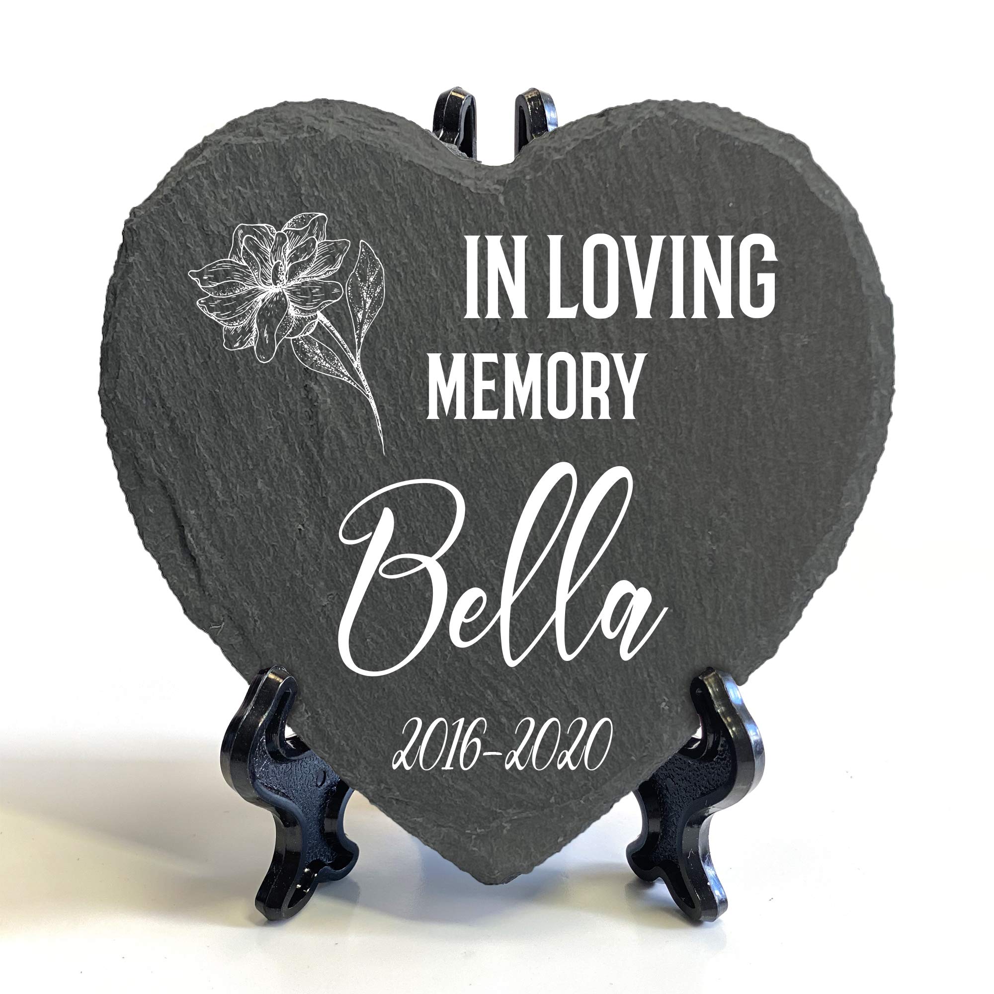 TULLUN Personalised Memorial Heart Shape Plaque + Black Stand For Pet Cat Dog Slate Stone Rock Frame Paw Grave Marker - In Loving Memory - Size | 4" x 4" or 10 x 10 cm | — image 1