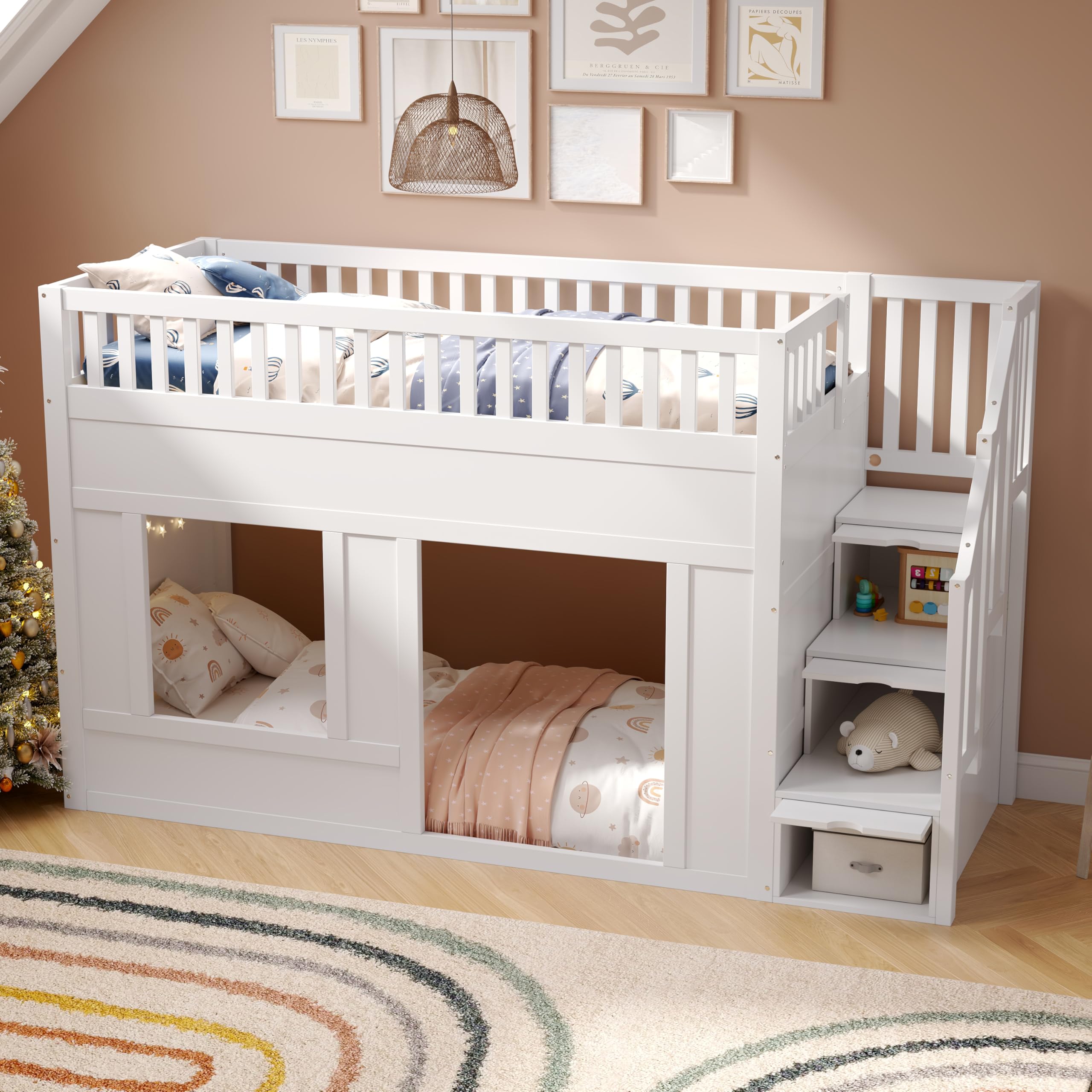 Cuna Litera 90 x 200 cm Blanca Cama Alta Multifuncional Cama Infantil con Armario Escaleras Espacio Convertible Debajo Sin Colchón