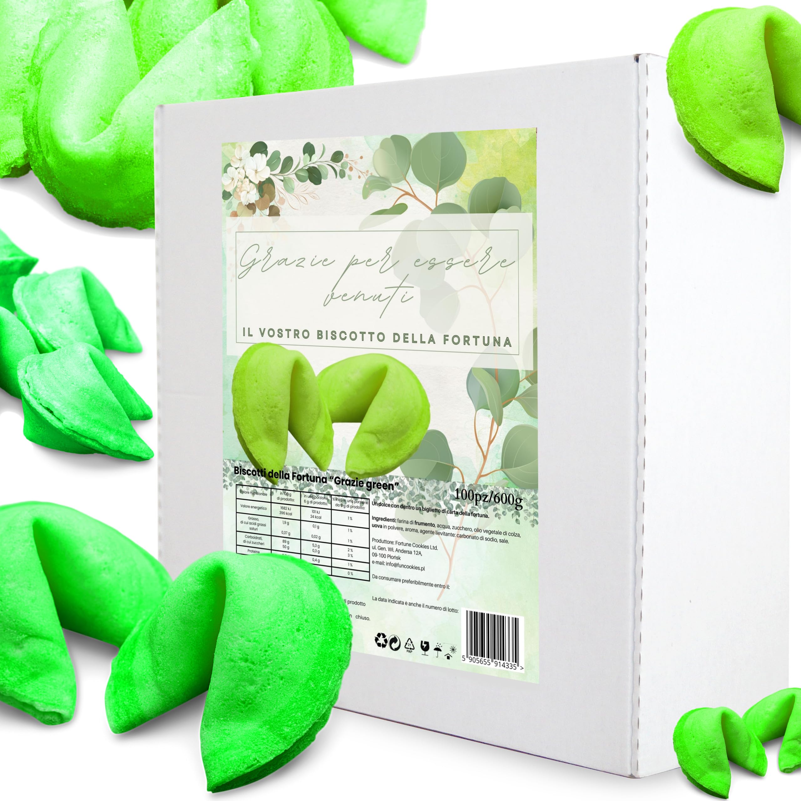 Biscotti cinesi della fortuna, biglietti profetici, biscotti verdi, biscotti di ringraziamento, per regali, per ospiti, per feste, gusto vaniglia (100 pezzi)