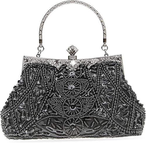 Vista 17 de Bolso de mano de estilo vintage con cuentas florales y strass para mujer, con bordado de lentejuelas, bandolera para novia, boda, fiesta