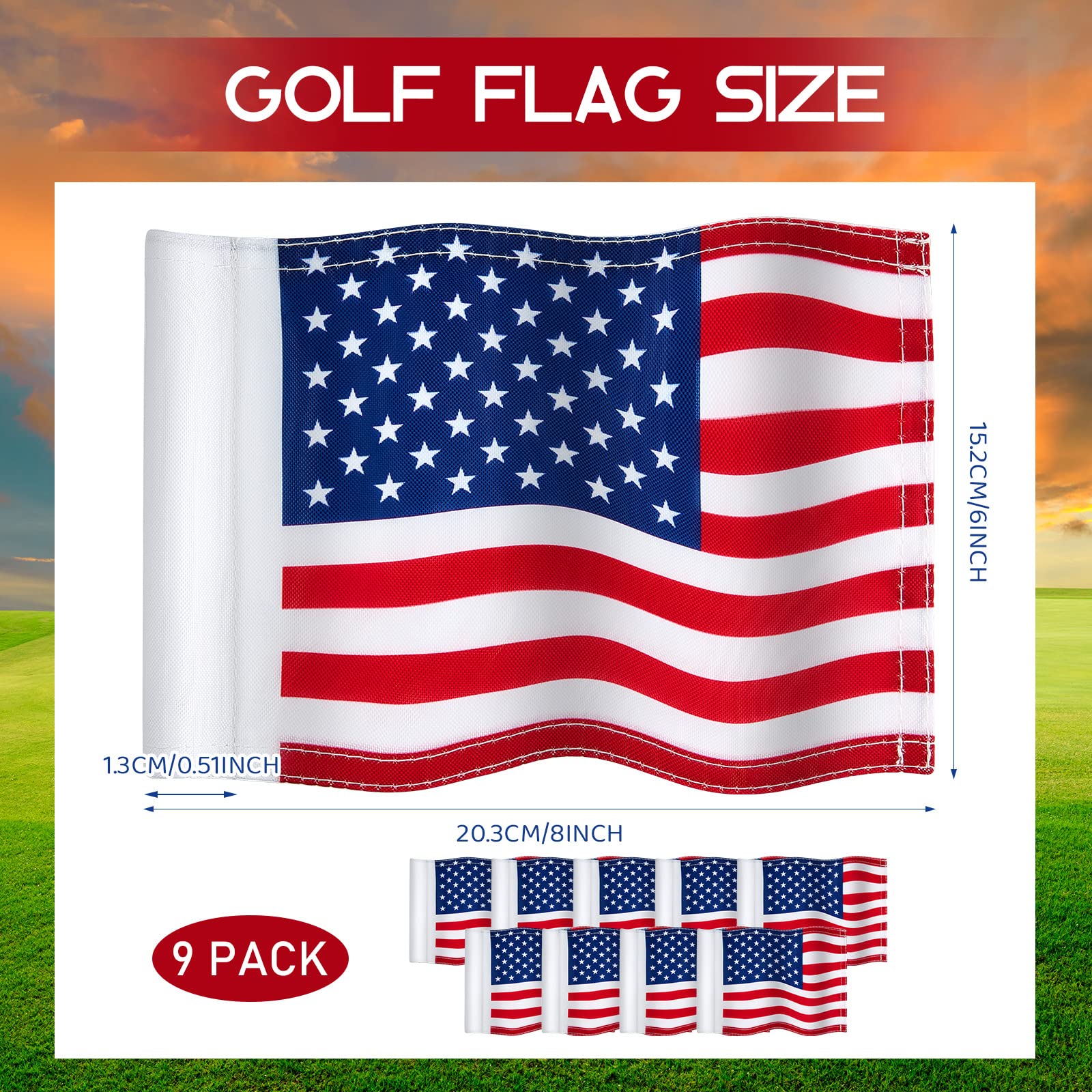 Moukeren 9 banderas de golf con tubo insertado de 20,3 x 15,2 cm de alto, de doble cara, estándar, para práctica, poner, banderas verdes de tubo, bandera americana, mini banderas de nailon 420D para
