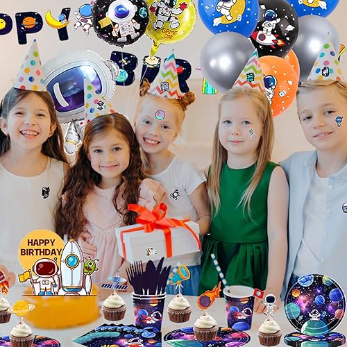Miniatura 7 de Suministros para fiesta de cumpleaños del espacio exterior, decoraciones de fiesta espacial para 20 invitados, incluye pancarta de feliz cumpleaños,