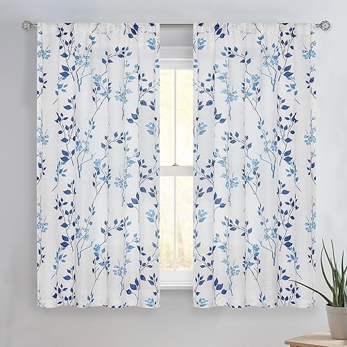 Beauoop Floral Linen Semi Sheer Curtains 63 Inches Long 2 Panels for Living Room Bedroom Blue Grey Farmhouse Flower Patterned Light Filtering Textured Rod Pocket Window Treatments Drapes, 50x63 2 Set