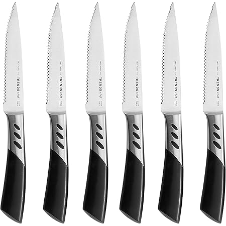TRENDS Premium Steak Knives Set of 6. Double Forged from High Carbon German Stainless Steel. This serrated steak knife set is ultra-sharp and never require sharpening. Your ultimate steak knives.