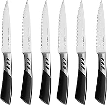 TRENDS 6 Pc Premium Steak Knife Set. Double Forged High Carbon German Stainless Steel. These Steak Knives are Ultra-Sharp & Never Require Sharpening. Serrated Steak Knives Set of 6. Best Steak Knifes
