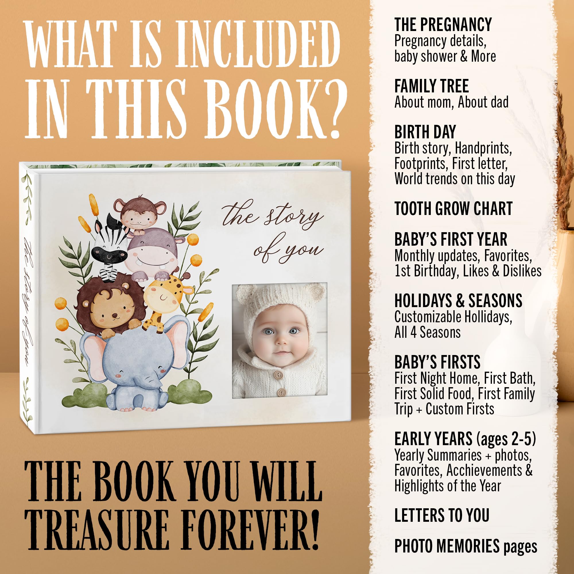 Baby-Erinnerungsbuch – "The Story of You" Erinnerungs-Tagebuch mit Fotoschlitz, Zoo-Tier-Design, Goldstift, flache Bindung, Geschenkbox – 90 farbige Seiten, 22,9 x 29,8 cm
