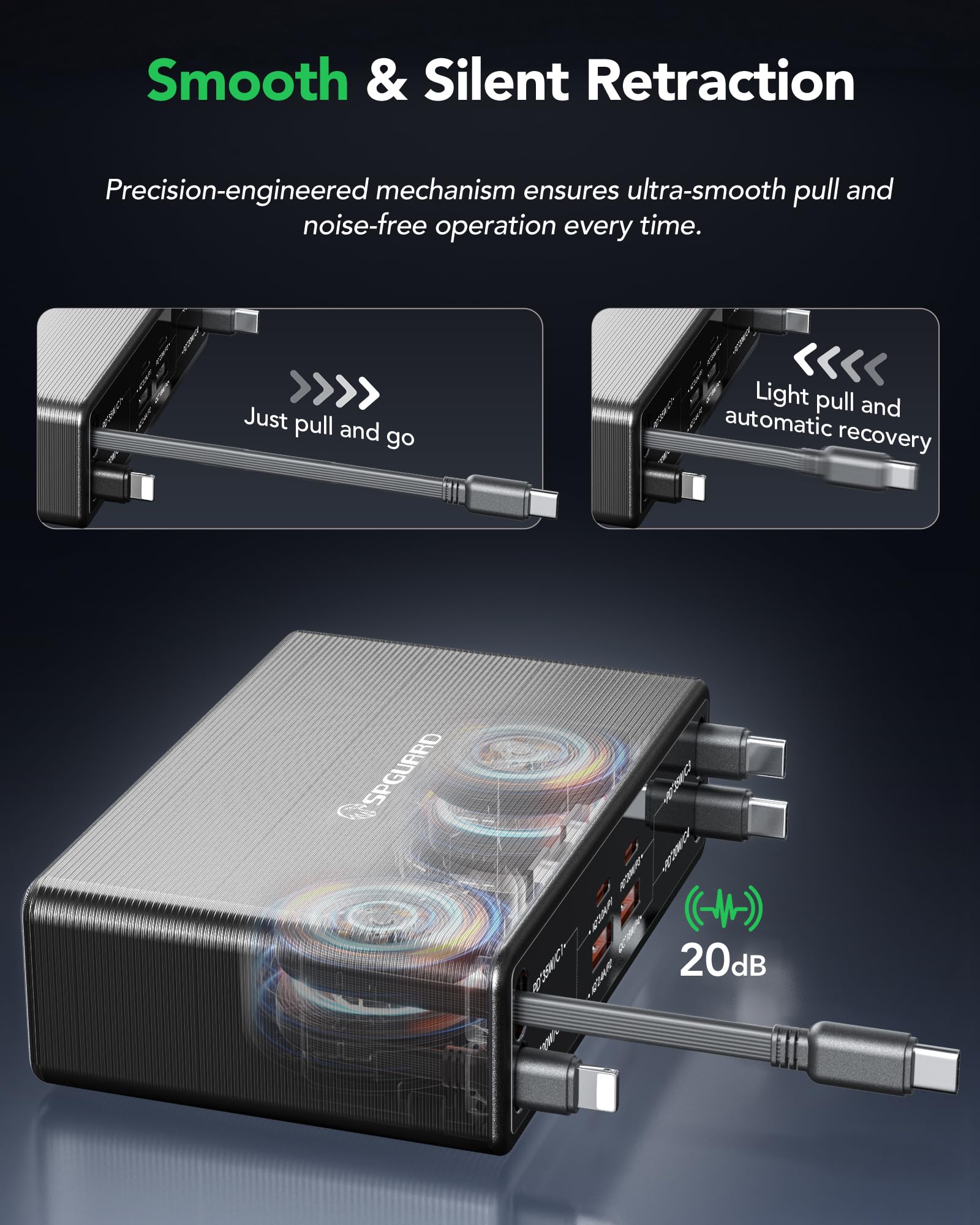 GaN Chowana ładowarka USB C 8 w 1, stacja ładująca 105 W, z 4 chowanymi kablami do ładowania, stacja ładująca USB GaN, wiele urządzeń, kompatybilna z iPhone 17 Pro/17/16/15/14/iPad/MacBook/Galaxy