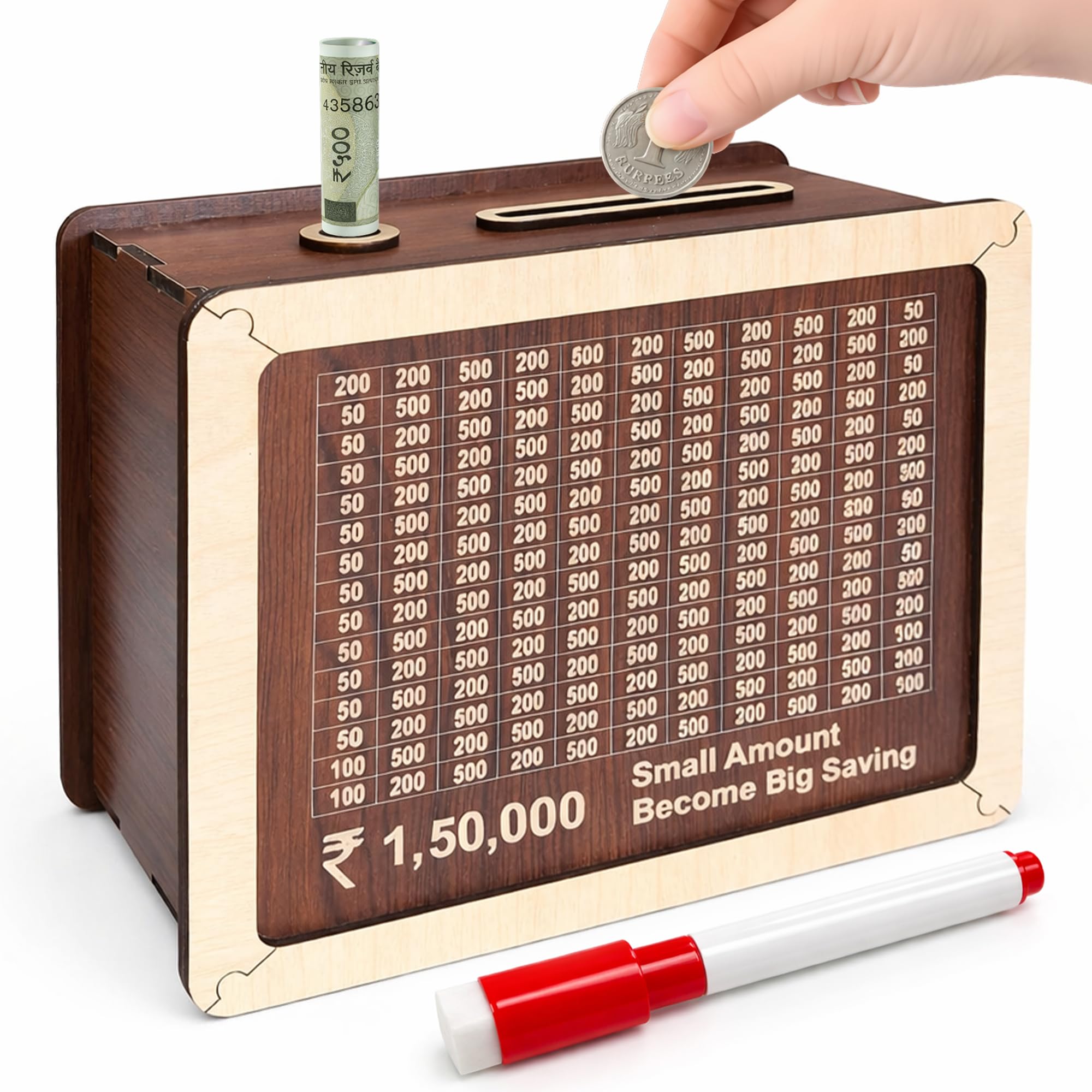 Wooden Money Saving Box ₹1.5 Lakh Challenge | Reusable Piggy Bank 150000 Tracker Board + Marker | Money Bank for Kids & Adults | Saving Box/Gullak for Home
