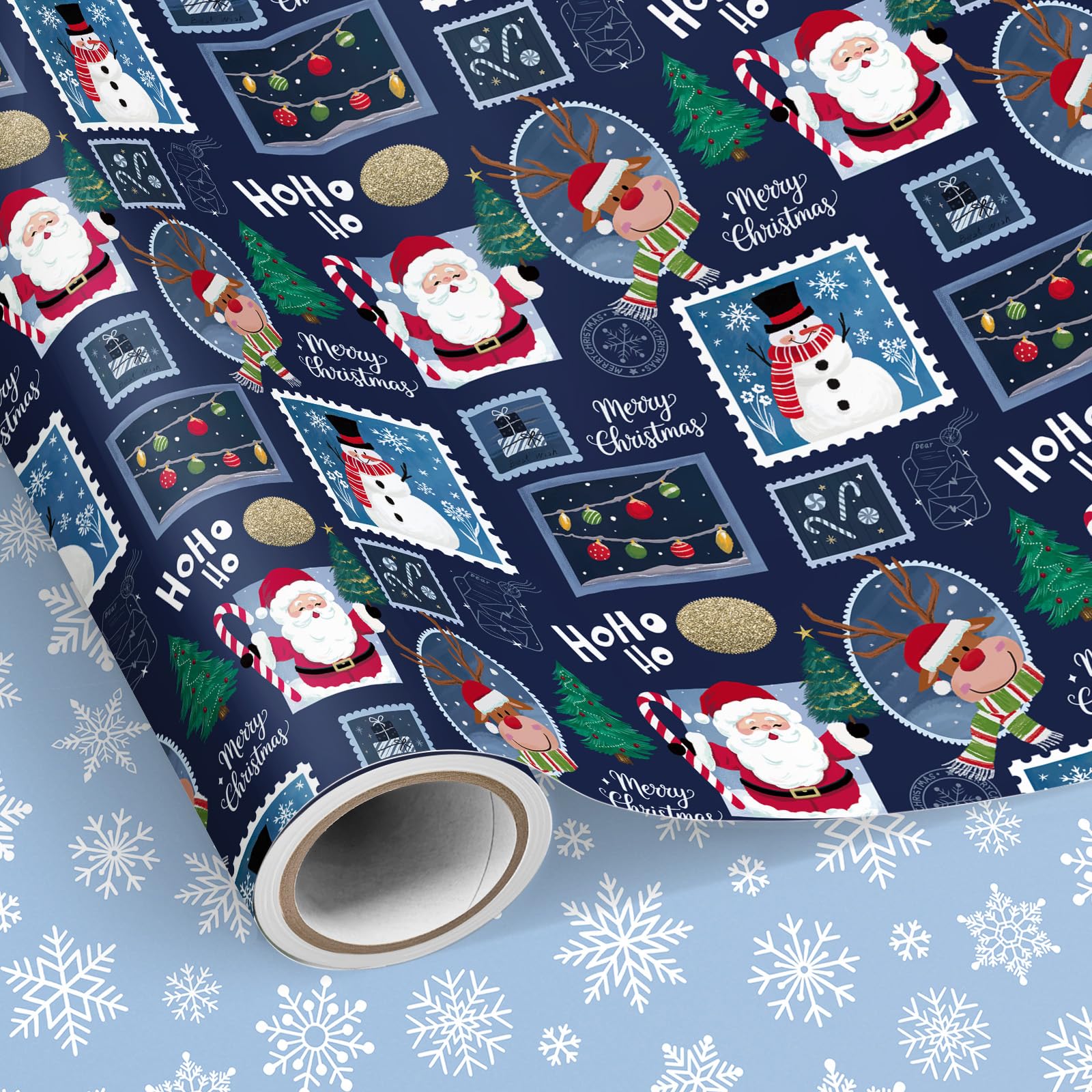 Neloheac Blue Christmas Gift Wrapping Paper Roll 43CM x 10M Reversible