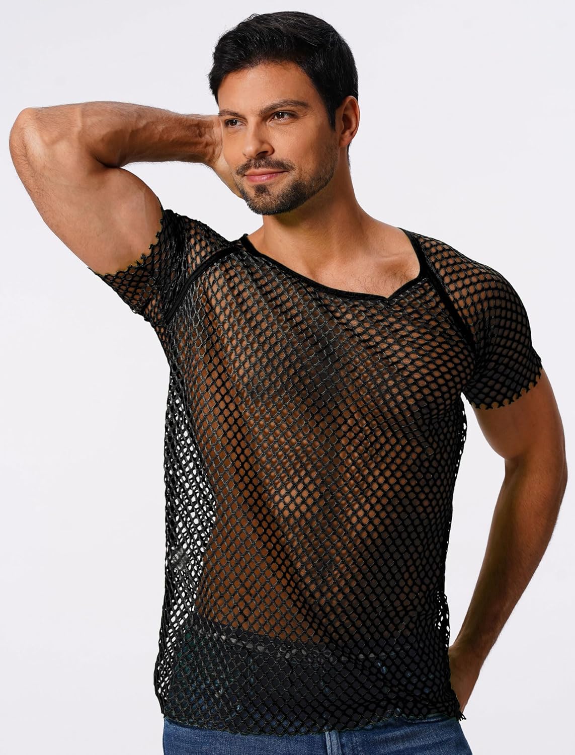 ABAFIP Men's Short Sleeve Fishnet Shirt Mesh Sheer Tank Top Muscle T-Shirt Undershirt Rave Clubwear - Image 3