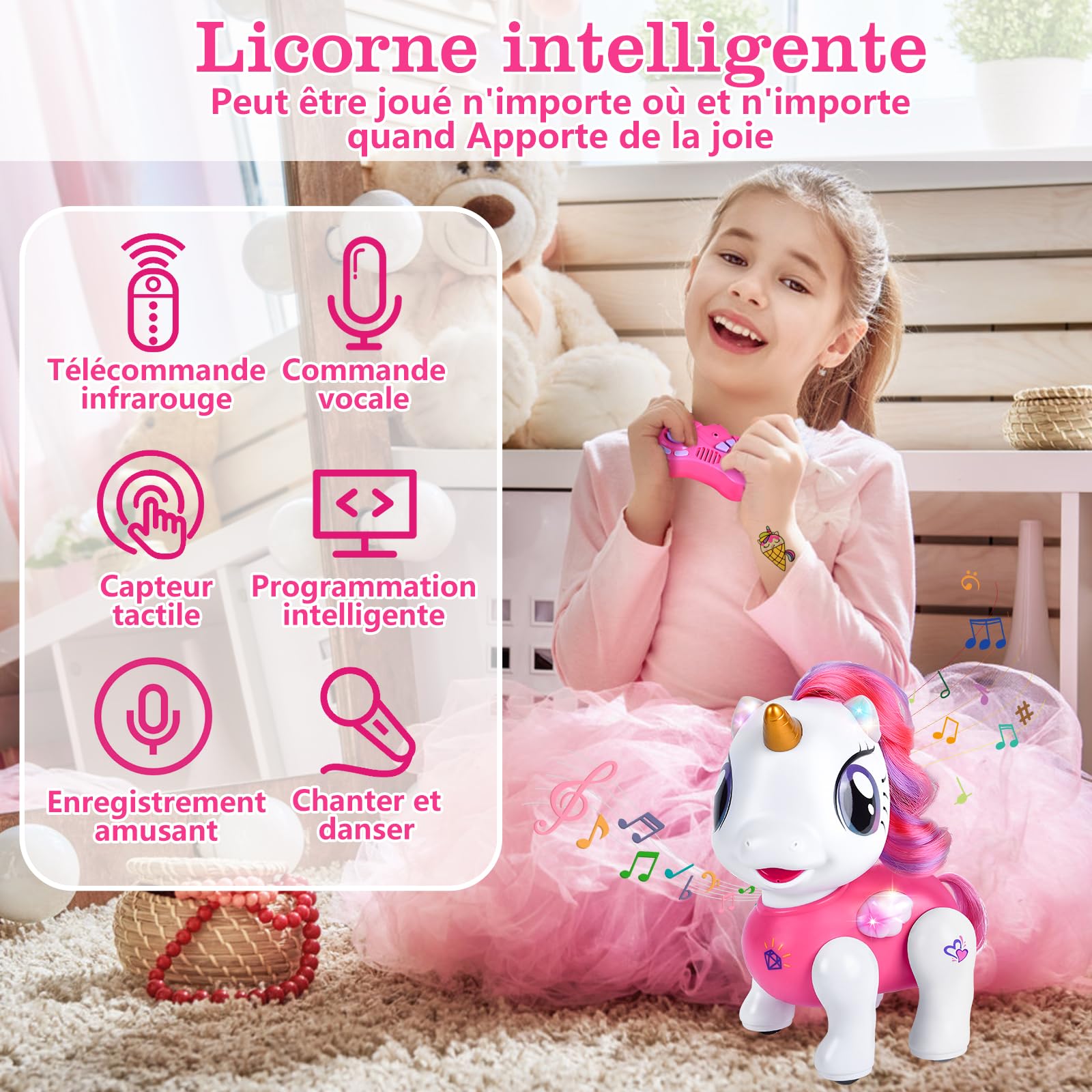 Joellfuner Licorne Jouet, Robot Telecommandé Enfant, Interactif Robot Fonction d'Enregistrement Programmable, Musique, Danse et Touchant, Licorne Jouets pour Filles 3+ Cadeaux