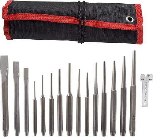 Miniatura 3 de Juego de punzones y cinceles, 16 piezas, incluye punzones cónicos, cinceles fríos, punzones centrales, calibre de cincel y estuche de almacenamiento