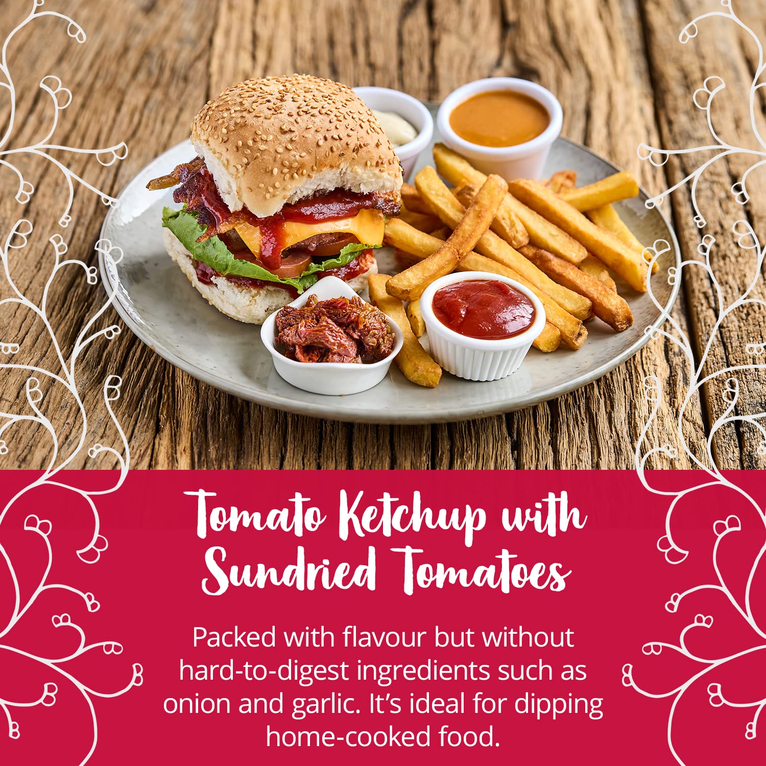 Bay's Kitchen FODMAP ketchup do pomidorów z suszonymi pomidorami do domowego gotowania, bezglutenowy, przyjazny dla IBS i odpowiedni dla wegan (butelka 270 g)