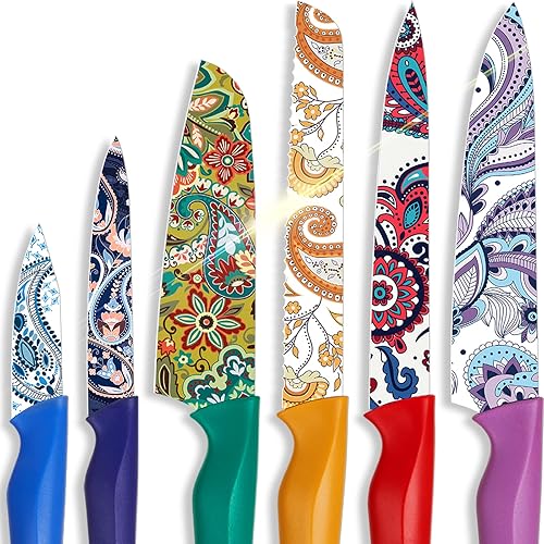 Astercook Juego de cuchillos, juego de cuchillos de cocina con patrón de cachemira con tapa, apto para lavavajillas, cuchillos coloridos con 6