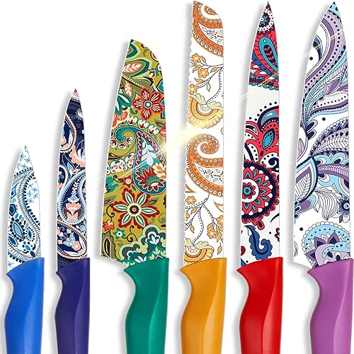 Astercook Paisley Pattern Knife Set with Cover, Dishwasher Safe Colorful