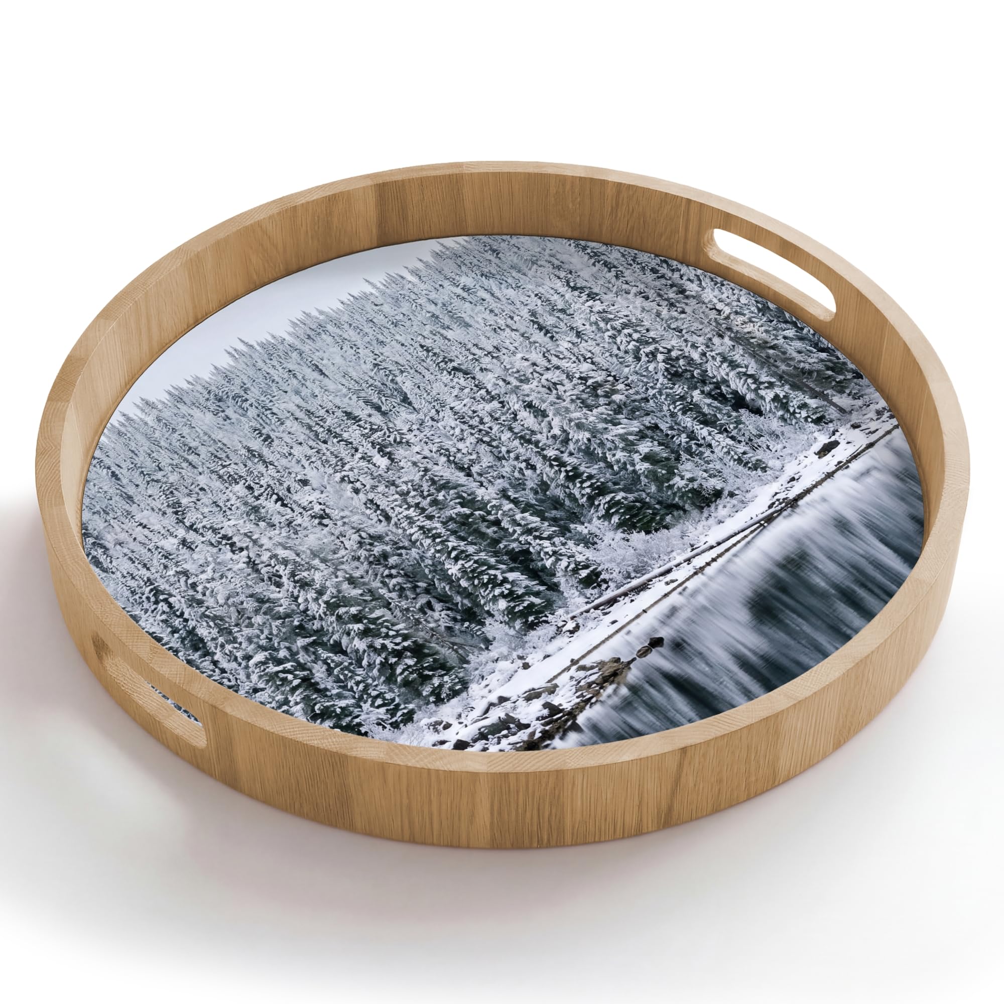 Tablett Rund 50x50 cm Serviertablett rutschfest Griff Küchentablett Servierplatte Eiche Holztablett Hitzebeständig Kaffeetablett Wald - Spiegelung - See - Winter - Gelassenheit