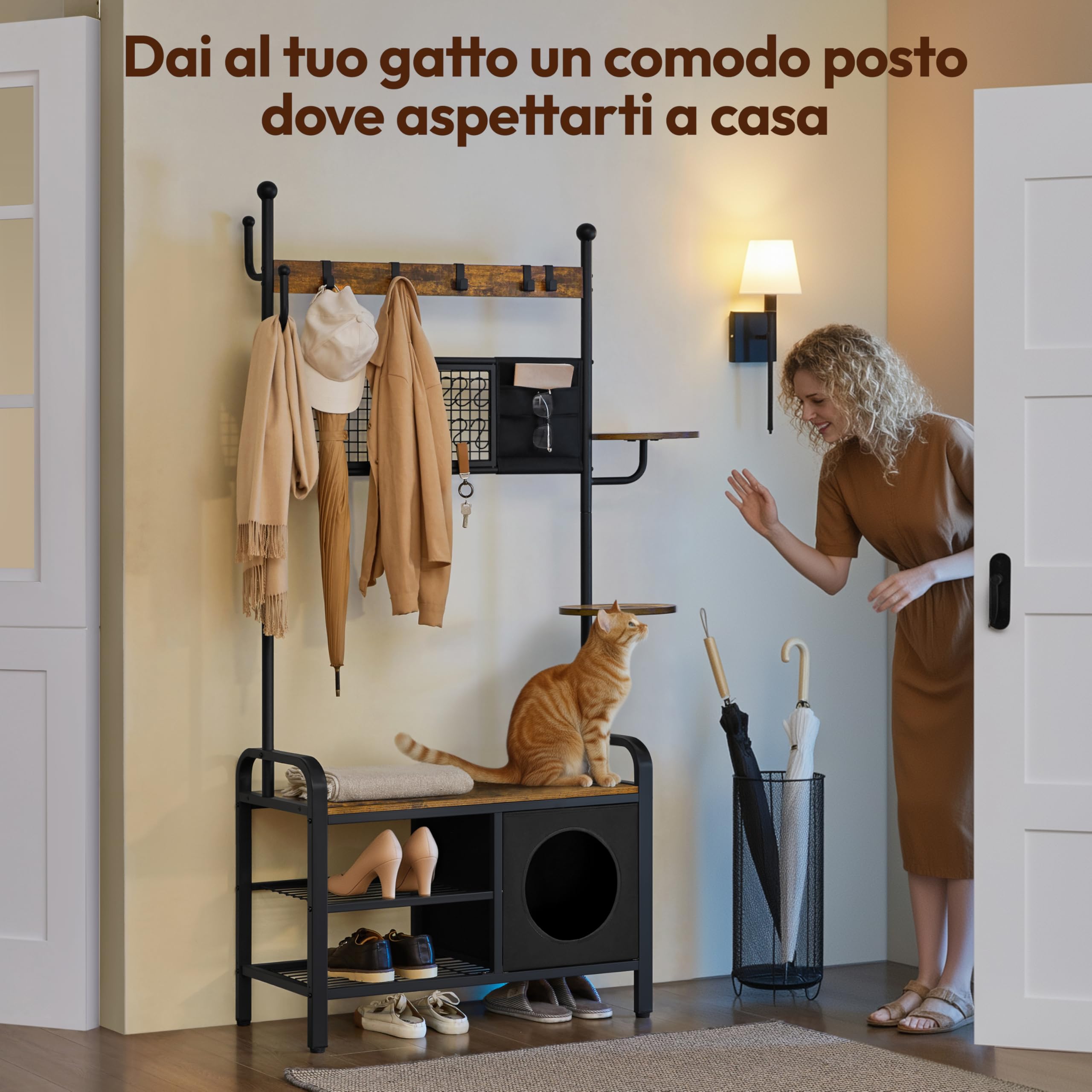 Yaheetech Appendiabiti da Terra Industriale con Panca Scarpiera e Casetta per Gatti Organizer Armadio d'Ingresso Multiuso con Ganci Rimovibili e 2 Trespoli per Famiglie con Animali Marrone Rustico