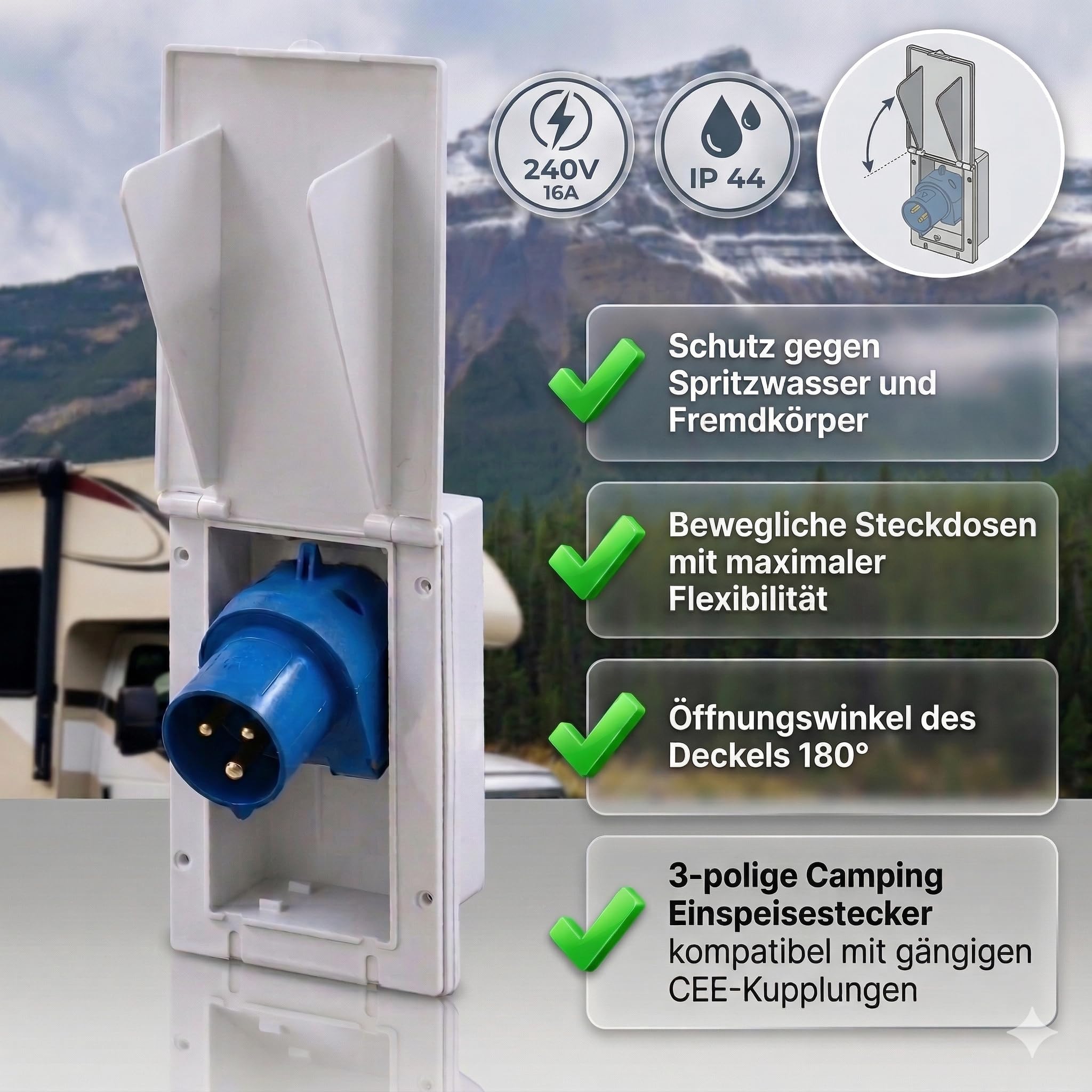 Carbest Presa CEE 16A Bianca Rettangolare IP44 240V 3 Poli Coperchio Ribaltabile Spina da Incasso