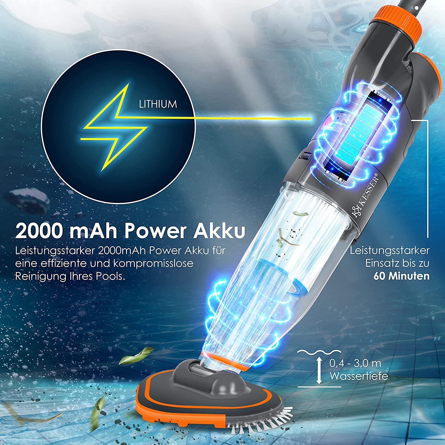 KESSER® Aspirador para Piscinas con batería | Aspirador eléctrico de Mano para Piscinas | Limpiador de Piscinas| Kit de Limpieza con Aspirador de Mano inalámbrico hasta 15 m³, Incl. Funda Protectora