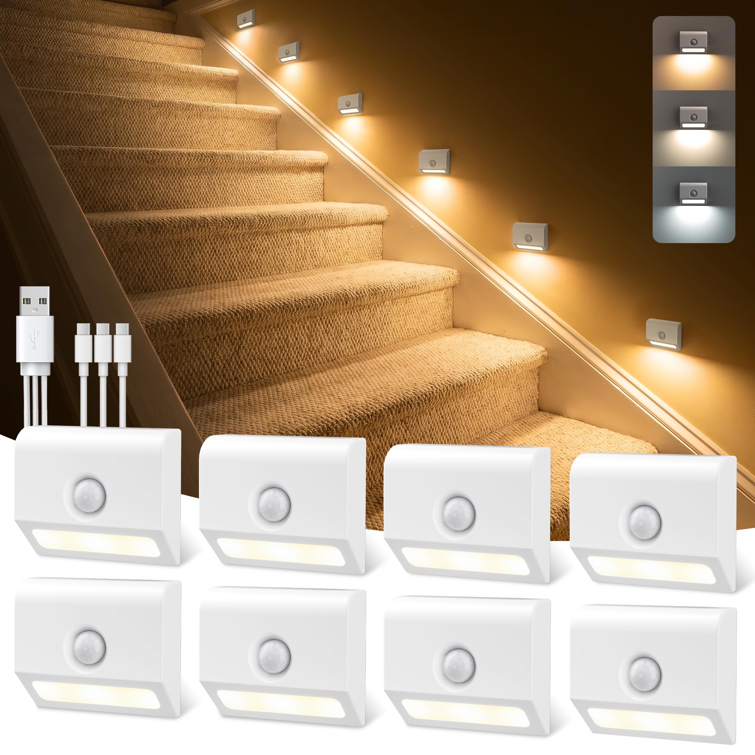 VOLISUN Luz nocturna recargable con sensor de movimiento, 3 colores de temperatura, luces de escalera para interiores, luz nocturna magnética portátil con sensor de luz para pasillo, baño, dormitorio