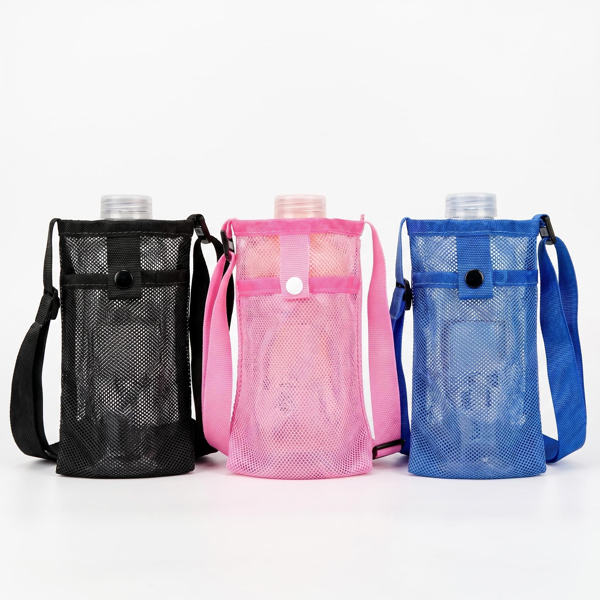 Cosiesnest 3PCS Water Bottle Holder, Water Bottle Carrier, Water Bottles Bag, Bottle Holder, 3-Colour Mesh Drink Pouch with Adjustable Shoulder Strap for Walking, Camping, Hiking & Daily Outdoor Use