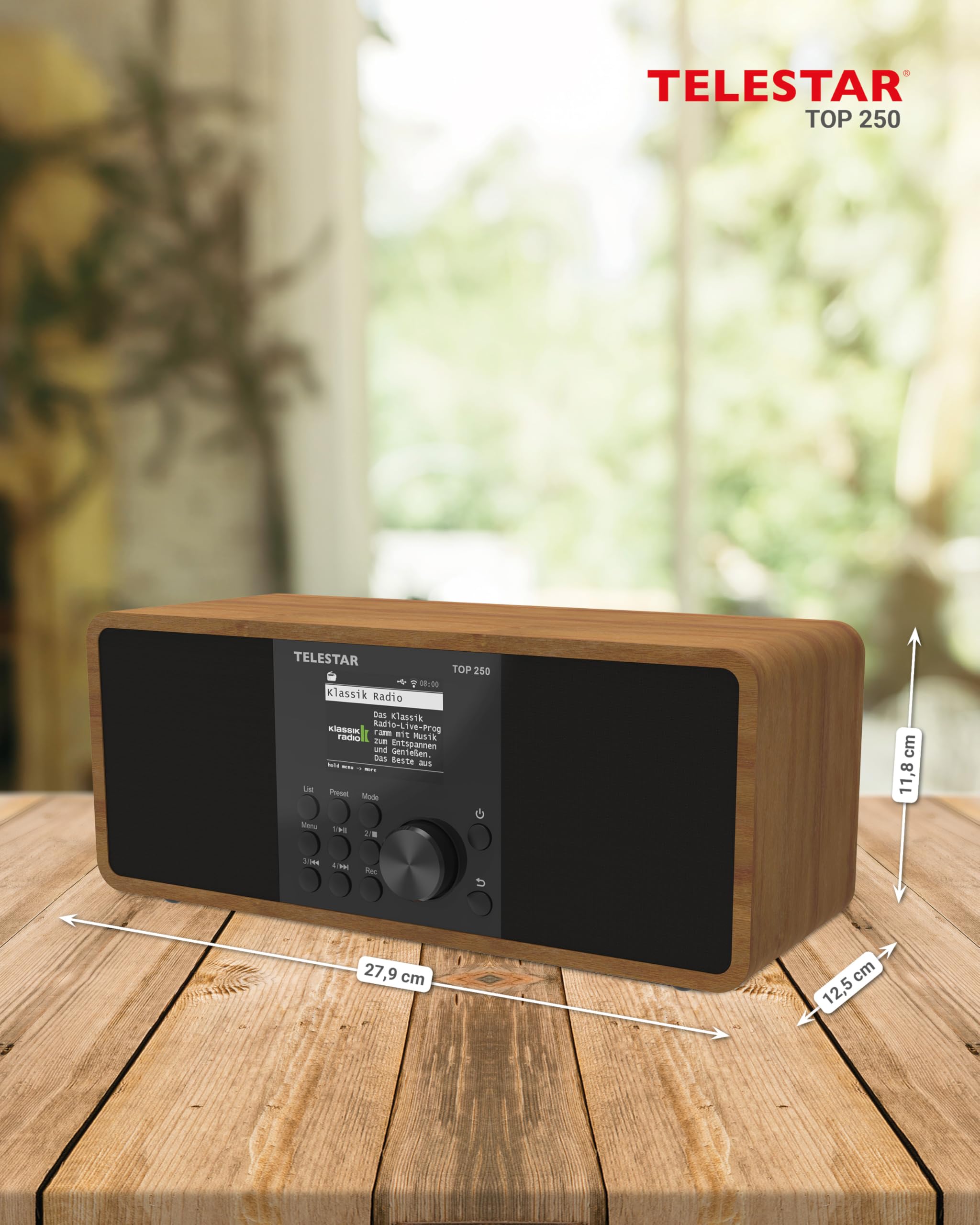 TELESTAR TOP 250 – DAB+/Internetradio, Stereo – Holz | 2 × 10 Watt, Bluetooth Audio-Streaming & Sendefunktion, USB-Aufnahme, Notfallwarnsystem, App-Steuerung