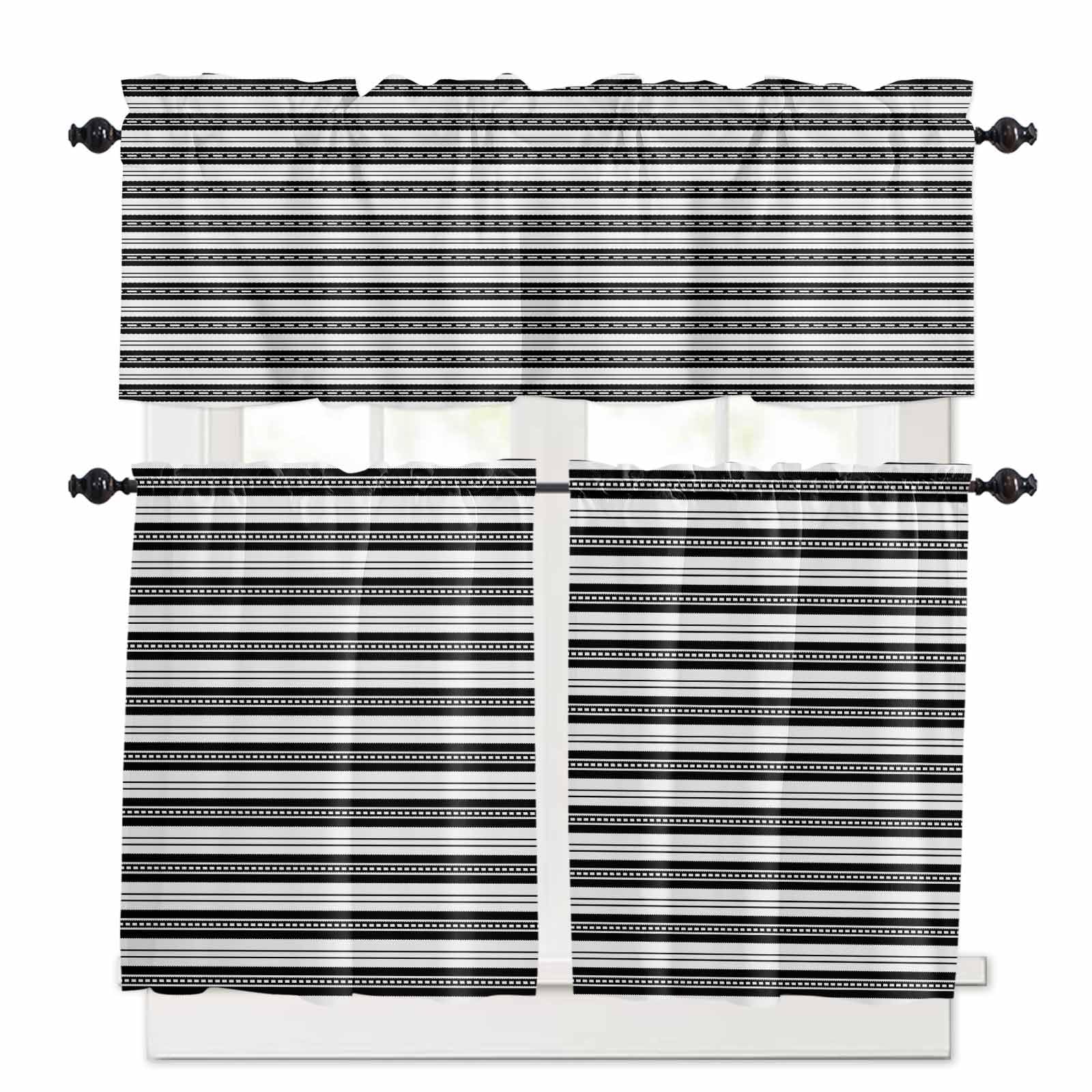 Boho Black Stripe Kitchen Curtains 24 Inch Length,3 Piece Rod Pocket Small Half Tiers and Valance Set,Abstract Geometric White Minimalist Small Large Window Treatment Decor for Bedroom/Bathroom Sink