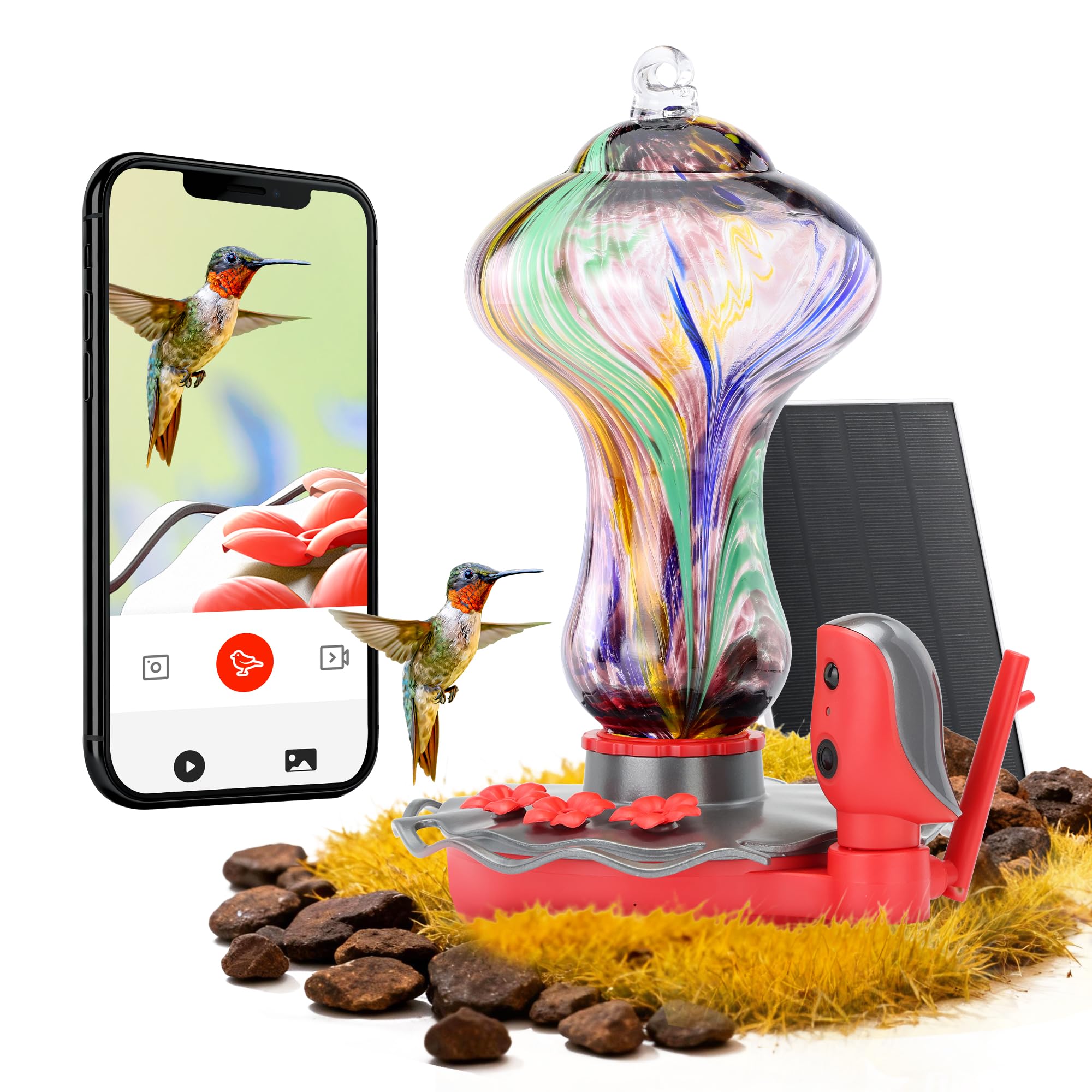 Photo 1 of TT Nature Glass Smart Hummingbird Feeder with Camera Solar Powered 2K- AI Identify & Water Detection, Instant Notification, Leakproof & Ant Moat, Compatible with Alexa & Google Assistant