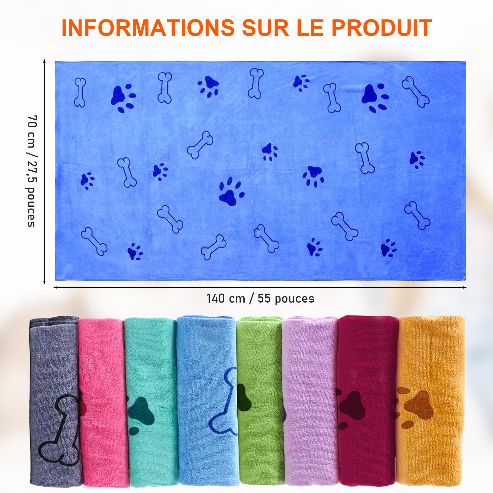 Lot de 8 Serviettes pour Chien en Microfibre 140 x 70 cm | Grandes Serviettes Douces, Super Absorbantes et à Séchage Rapide pour Bain de Chiens, Chats et Animaux de Compagnie