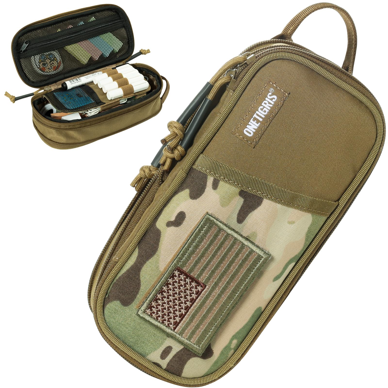 OneTigris Pencil Case for Boys, Robust Tactical Pencil Case with Zip, Multiple Compartments for Pens, Large Capacity, Universal for School, Office, Art (Tactical Style) Coyote Brown