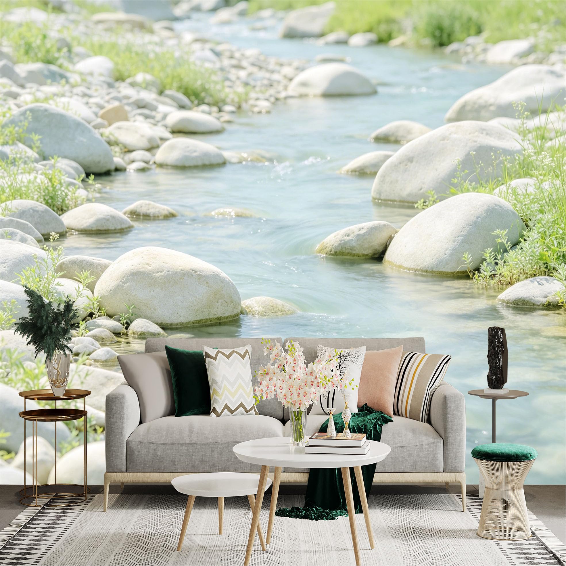 Lnzczhyre Dbh260521547 Custom Size Wall Sticker Mural， Serene River Flow， Natural Stony Stream Bank， Refreshing Clear Water Scenery， Peaceful Nature Landscape， For Wall Decoration， Peelandstick Wall Decals.