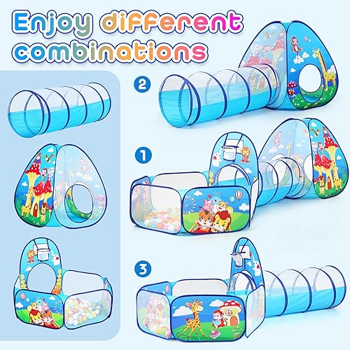 Miniatura 5 de Tienda de campaña 3 en 1 para niños pequeños con piscina de pelotas para bebés y túnel de juego, casa de juegos para interiores y exteriores con