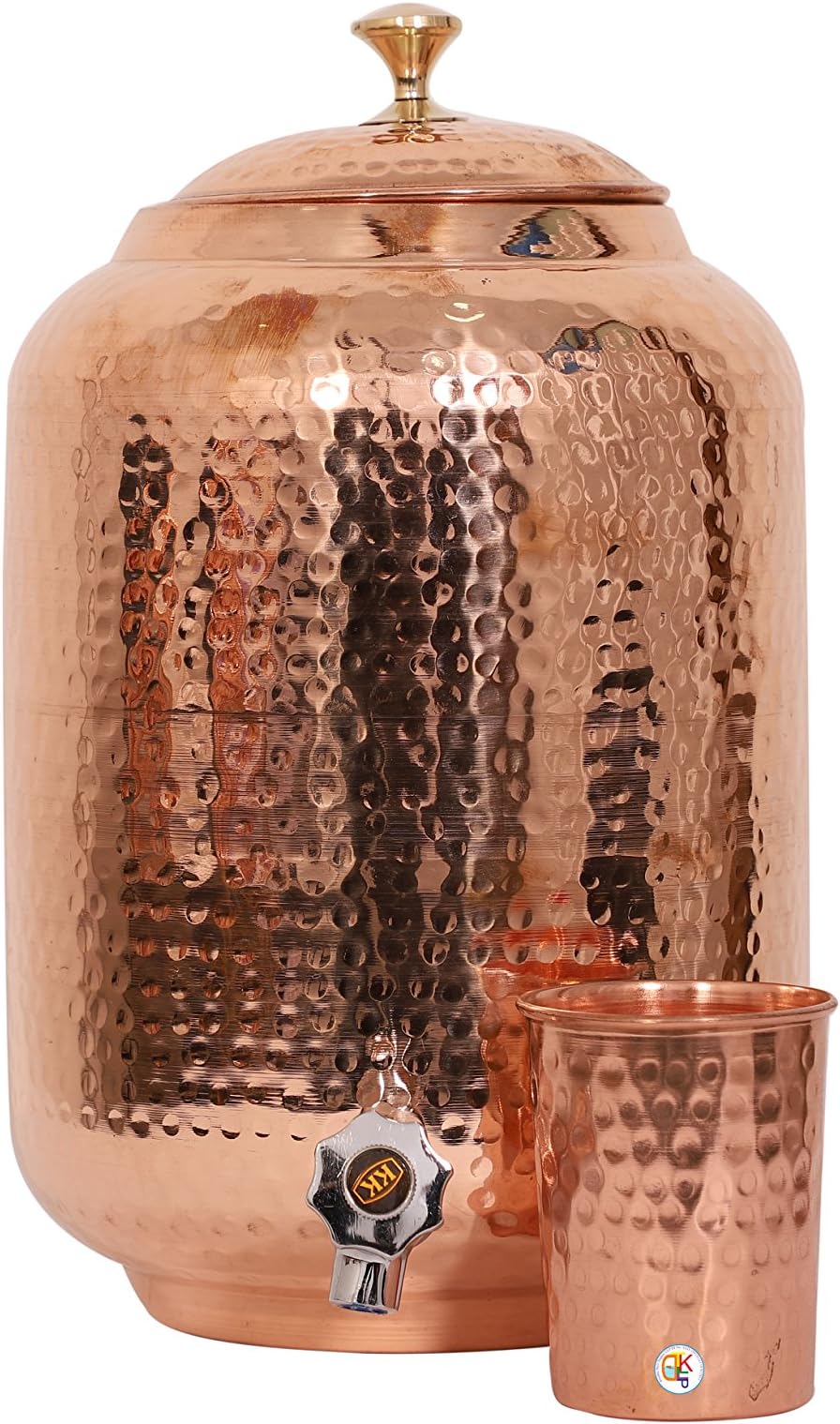 KDT 8 litres Copper Water Dispenser Pot, 8L Storage Container Tank, Copper 8000 ML Matka Container with Tap and One 1 Water Glass