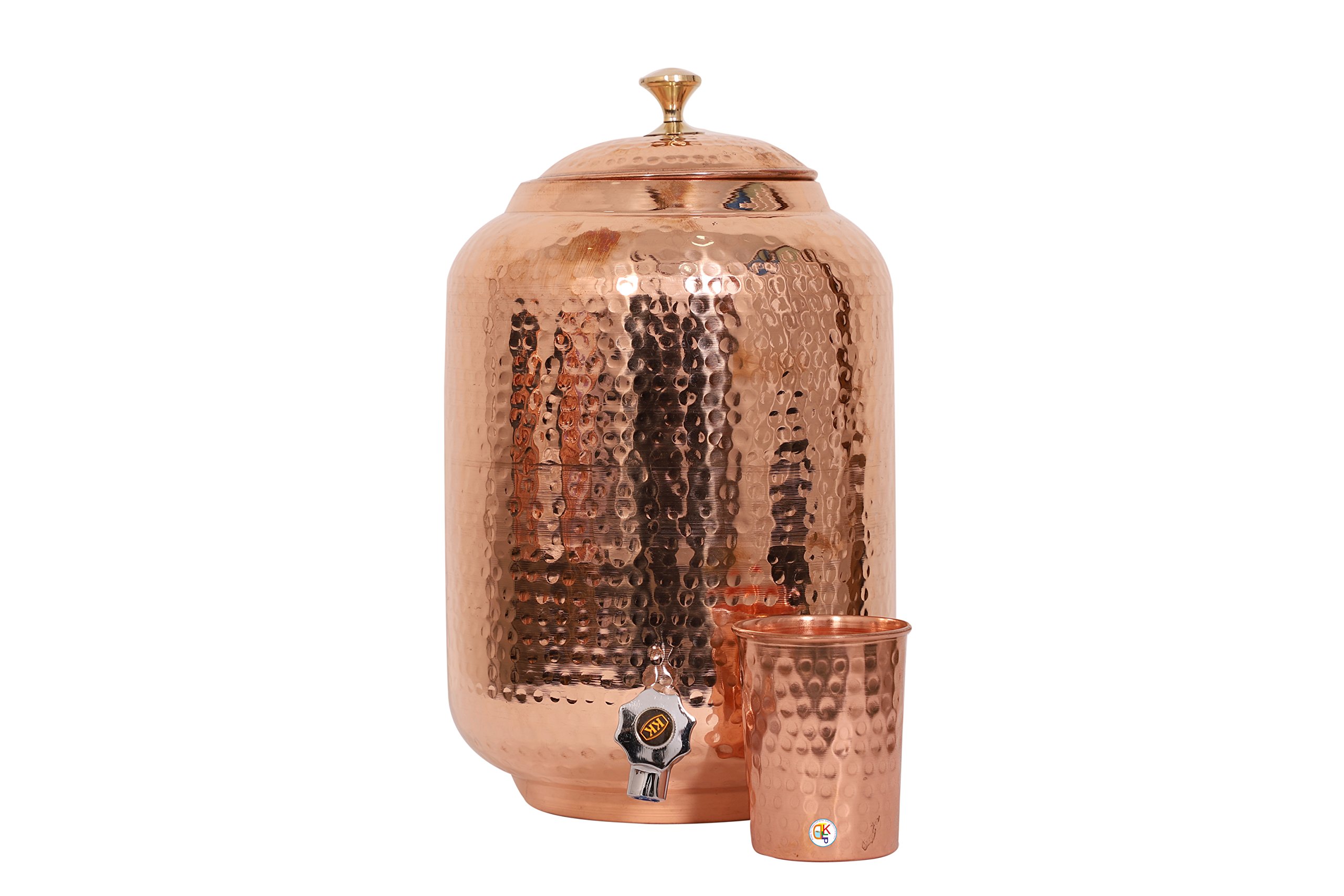 KDT 8 litres Copper Water Dispenser Pot, 8L Storage Container Tank, Copper 8000 ML Matka Container with Tap and One 1 Water Glass
