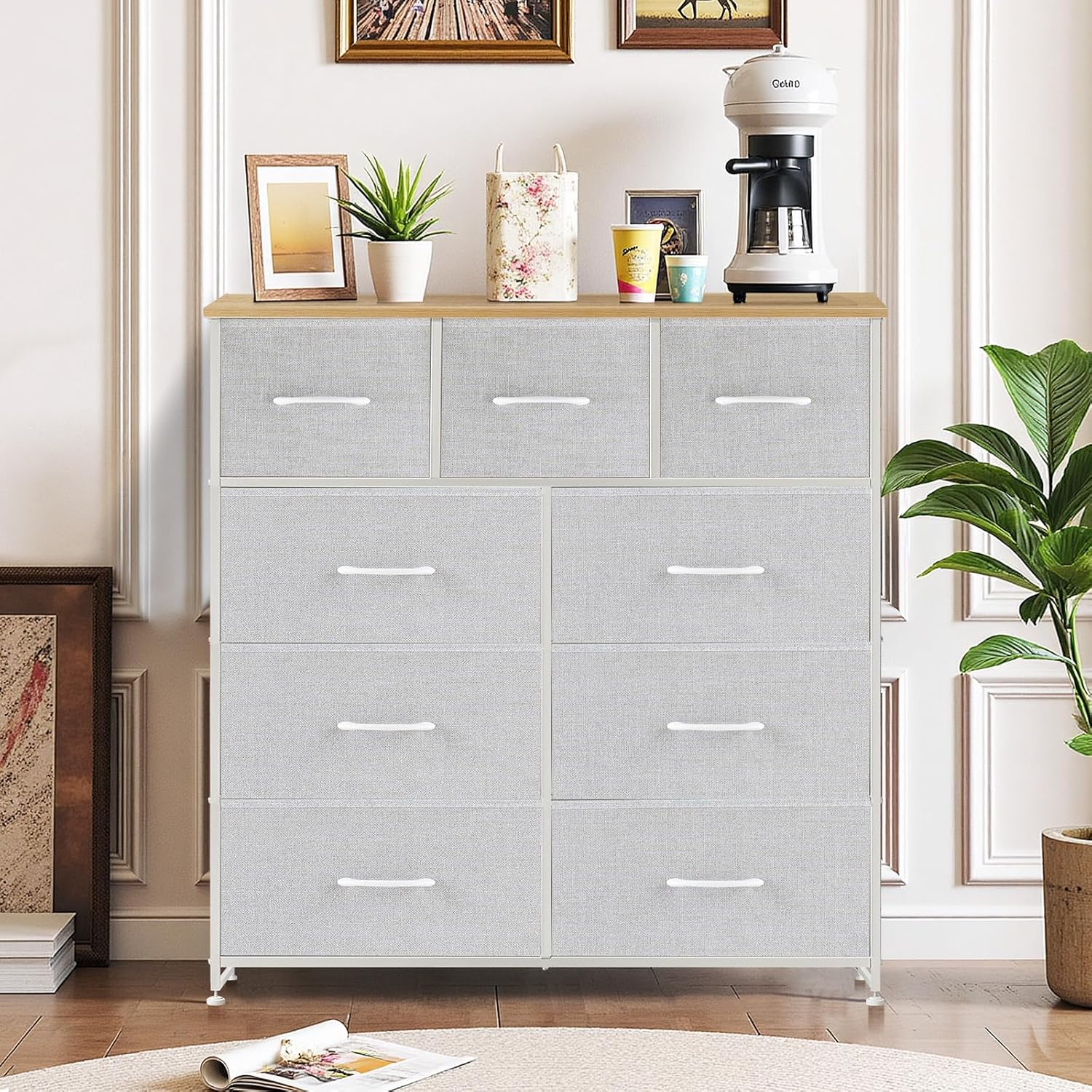 9-drawer dresser for bedroom, anti-tip tall storage organizer chest of drawers with wooden top and metal frame fabric bins for closet, living room, hallway, entryway, light gray light gray 11.8"d x 39.4"w x 40"h (9 drawers)