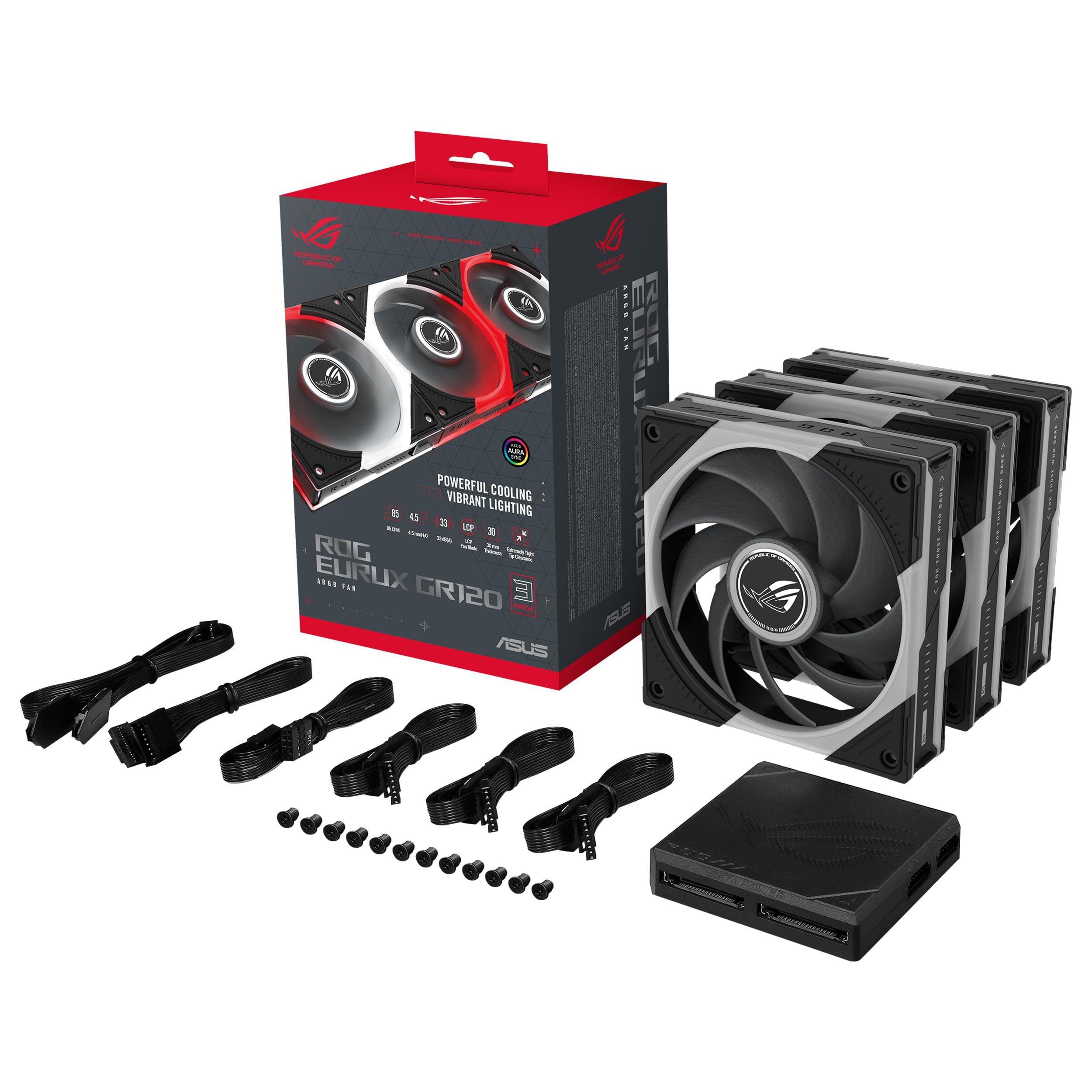 ASUS ROG Eurux GR120 ARGB PWM Lot de 3 ventilateurs PWM de 120 mm, 2600 tr/min, chaîne en marguerite brevetée, éclairage personnalisé, moyeu de ventilateur