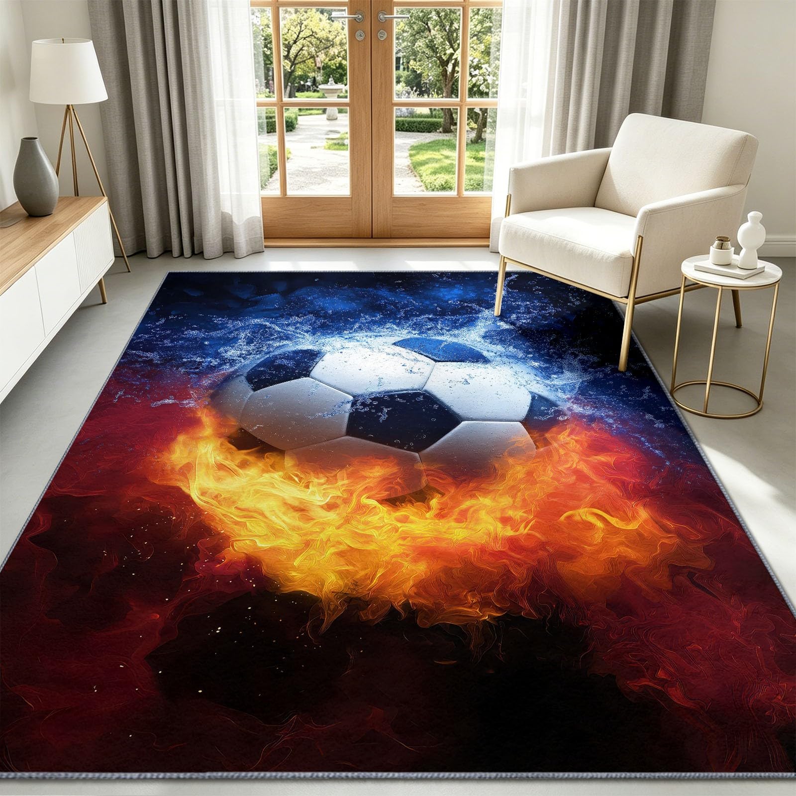 Fantasy Art - Alfombra antideslizante para sala de estar, 100 x 160 cm, alfombra de suelo, color negro y blanco, pelota de fútbol, lavable, pelo bajo, para sala de estar, dormitorio, comedor