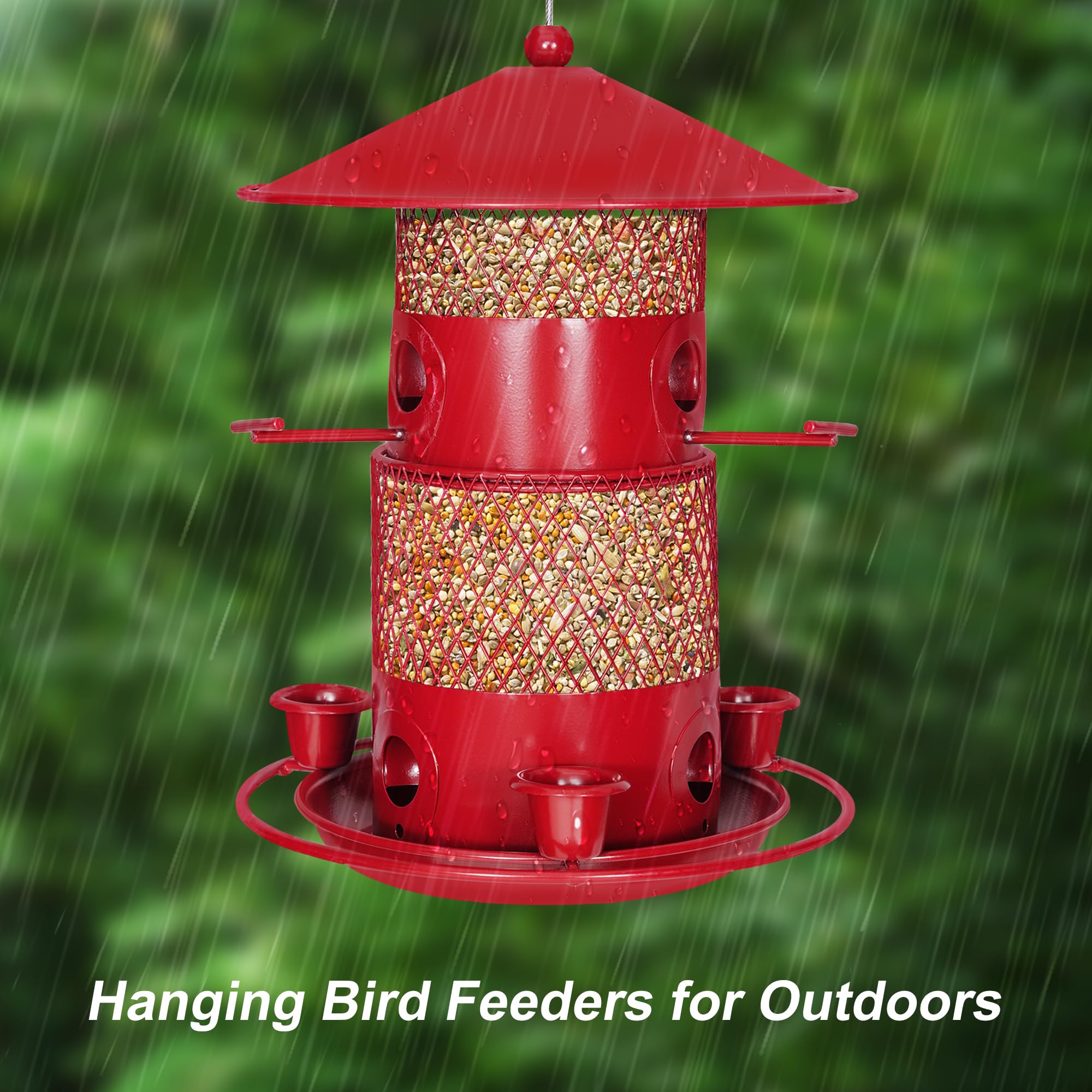 VECELO Bird Feeders for Outdoors - Hanging, Large Capacity, 4 Water Cups & 6 Feeding Ports with Perch, Metal, Easy to Clean, Attracts Wild Birds