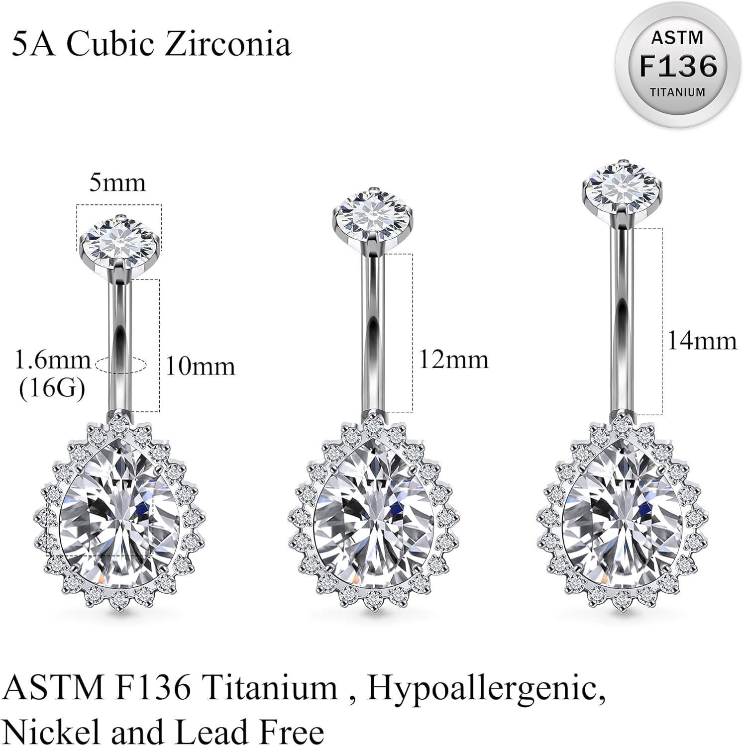 Ruifan ASTM F136 Titanium Belly Button Rings Elliptical Drop Cubic Zircon Hypoallergenic Internally Threaded 14G Navel Body Piercing Jewelry 10mm 12mm 14mm For Women - Image 2