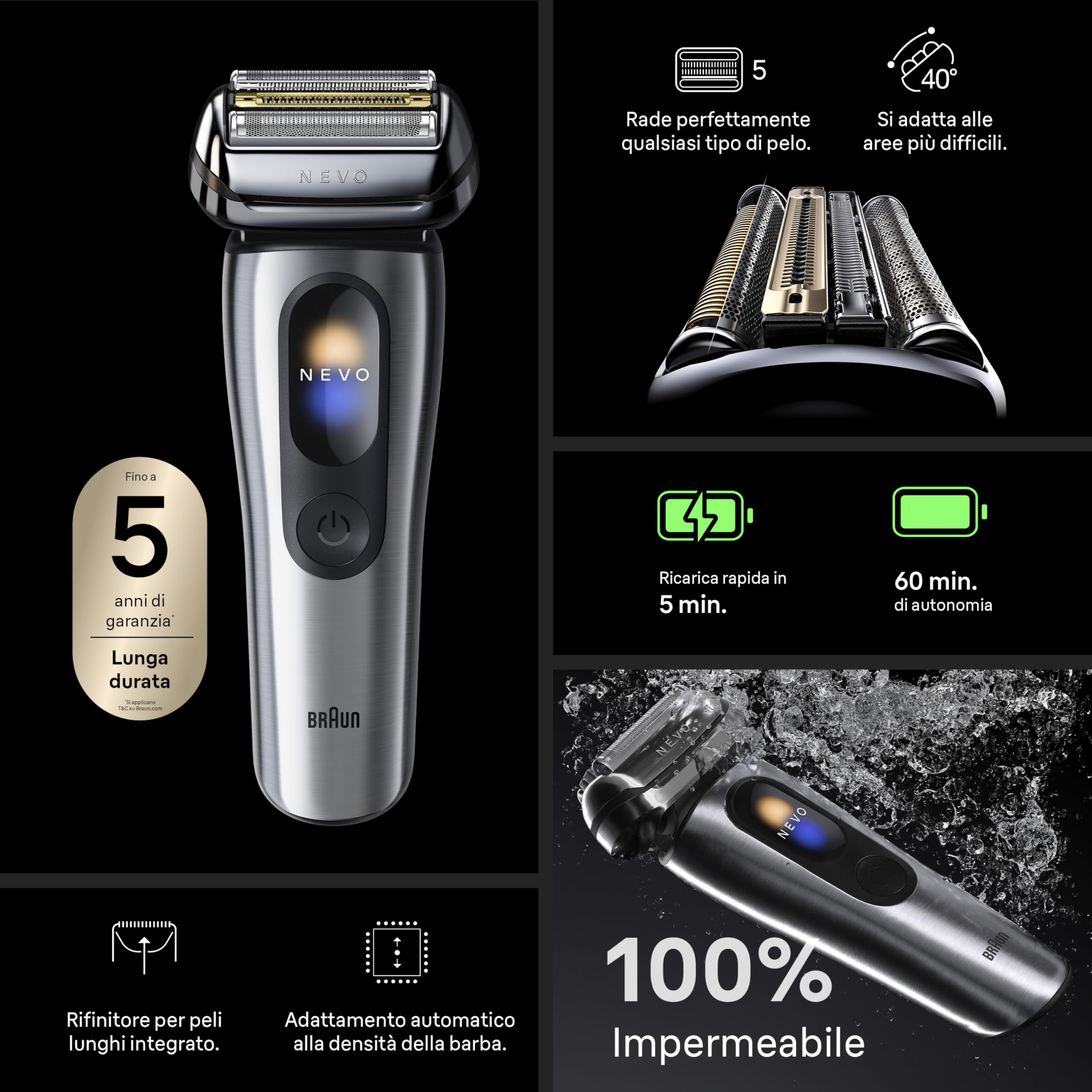 Braun NEVO Rasoio Elettrico Barba, Custodia Power Case, NEVO17005C, Argento | Regolabarba Uomo Impermeabile, Tecnologia Aerotouch, Sistema di Cura 7in1 Nero, Custodia Powercase, Ricaricabile