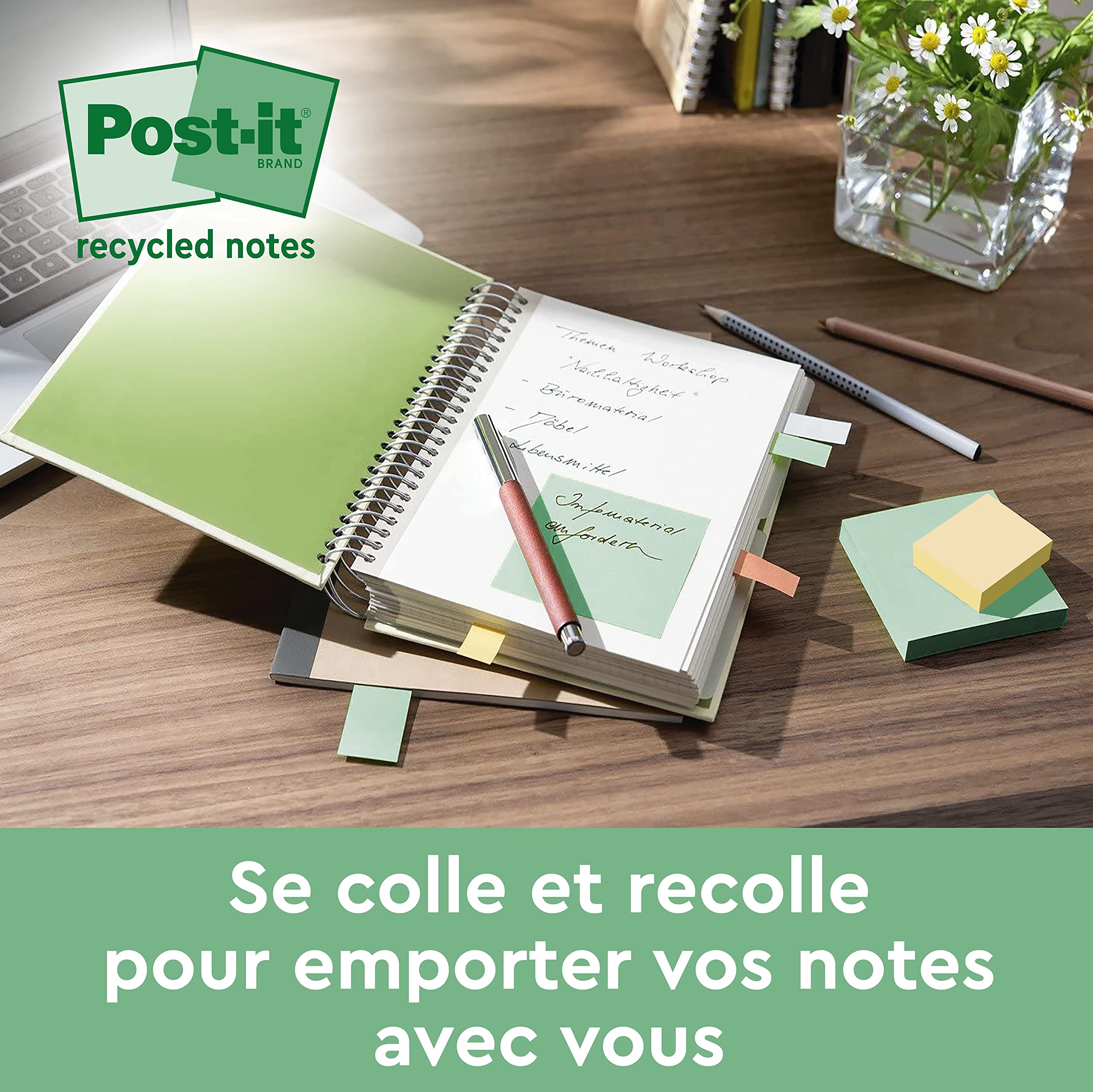 Post-it Notes Autocollantes, Recyclés, Pack de 16 Blocs, 100 Feuilles par Bloc, 76 mm x 127, Vert, Rose, Bleu, Jaune - Notes Autocollantes Fabriquées à partir de Papier 100% Recyclé