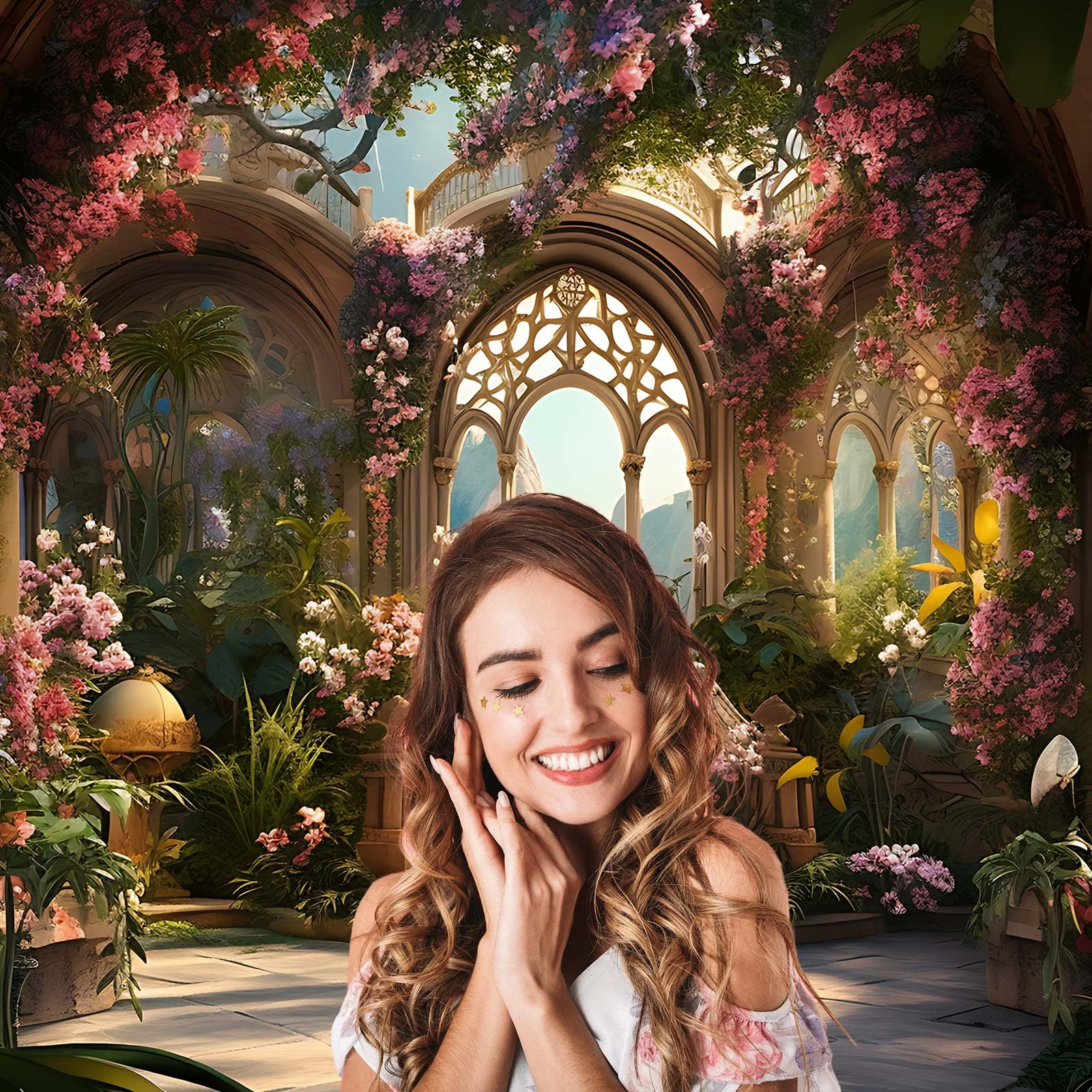 Garden Backdrop Wedding Archway Pink Flowers Photography Background Beautiful Fantasy Garden Scene with Stairway Backdrops Birthday Party Wedding Anniversary Portrait Photo Studio Props: 12x8ft
