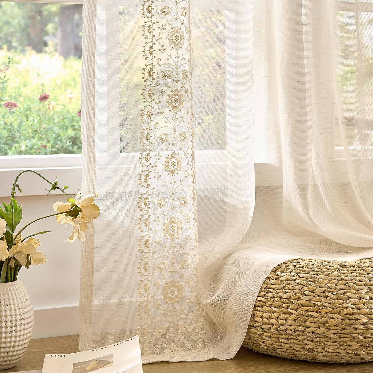 jinchan Weslie Beige Floral Sheer Curtains for Living Room 84 Inch Long Embroidered Voile Farmhouse Linen Curtains for Bedroom Ivory Flower Patterned Cottage Core Window Drapes 2 Panels Ivory on Beige