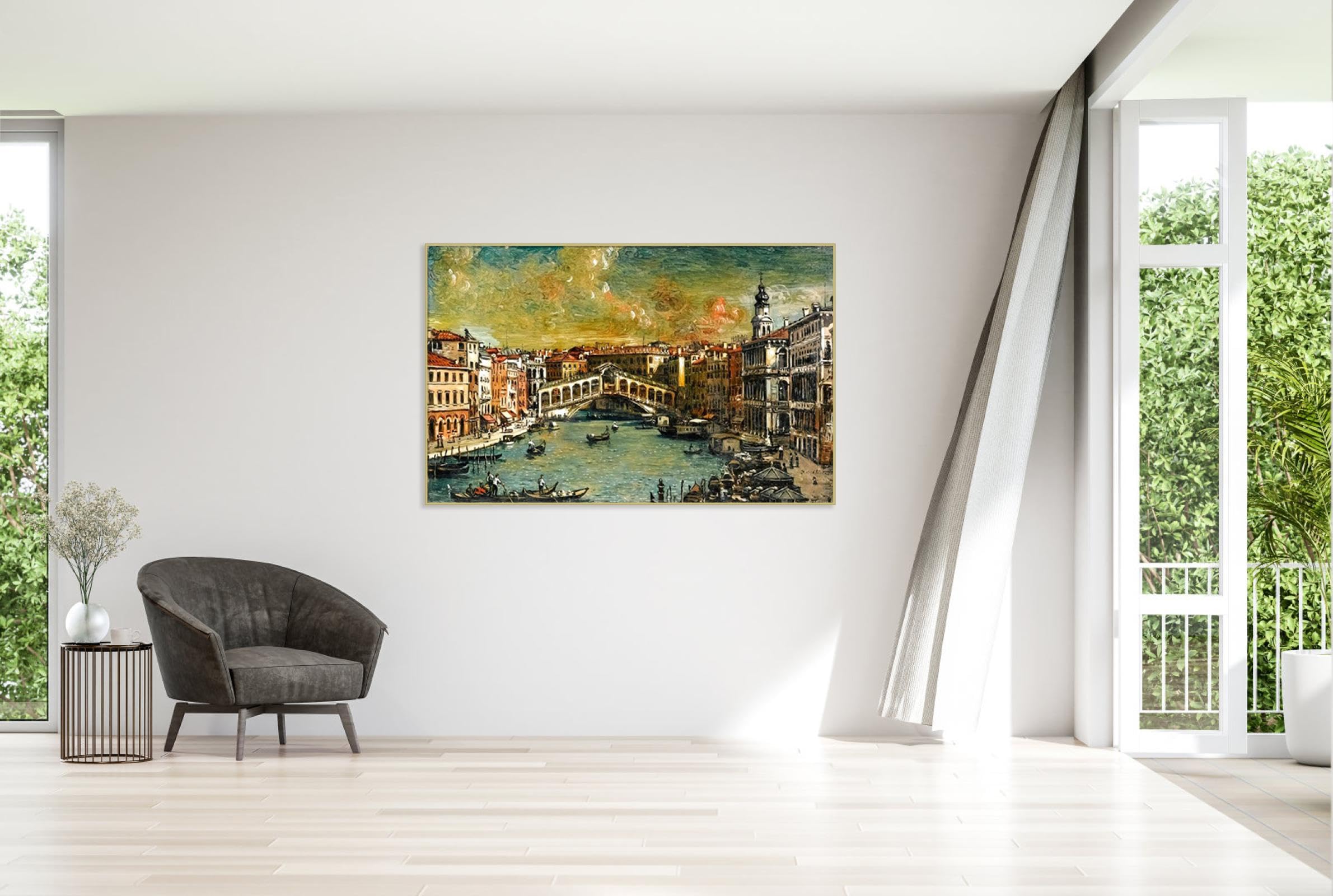 Giorgio de Chirico Art Print słynne obrazy reprodukcja na płótnie - 'Wenecja, Most Rialto' plakat i druki - surrealizm płótno sztuka ścienna krajobraz obraz nowoczesny wystrój domu 30 x 42 cm złota