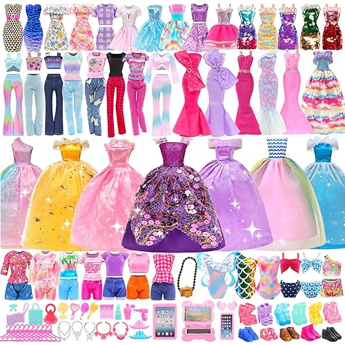 BARWA 70 Pack Doll Clothes and Accessories 3 Wedding Gown Dresses 5 Long Dresses Fashion Dresses 4 Tops 4 Pants 3 Swimsuits Bikini 5 Mini Dresses 15 Shoes Hangers Computer Cosmetic for 11.5 inch Doll