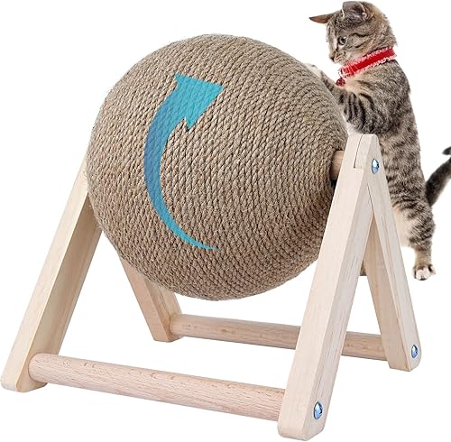 BATTIPAW Rascador de gato, bola rascador de conejo, rascador de sisal natural, bola giratoria para gatos, juguete rascador de madera maciza para