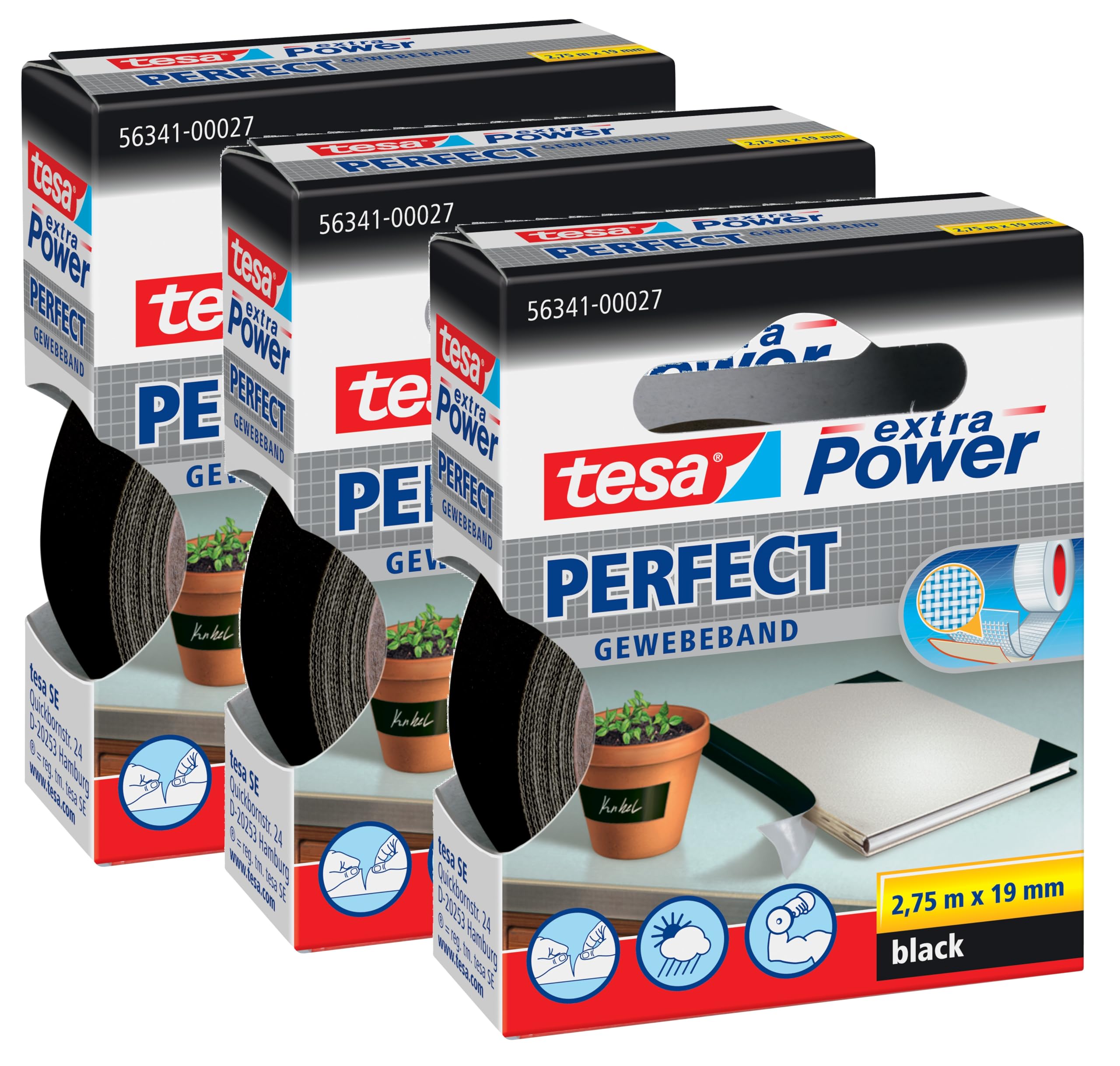 tesa extra Power Perfect Cloth Tape - Fabric-Reinforced Repairing Tape for Crafting, Repairing, Fastening, Reinforcing and Labelling - Black - 3x 2.75 m x 19 mm
